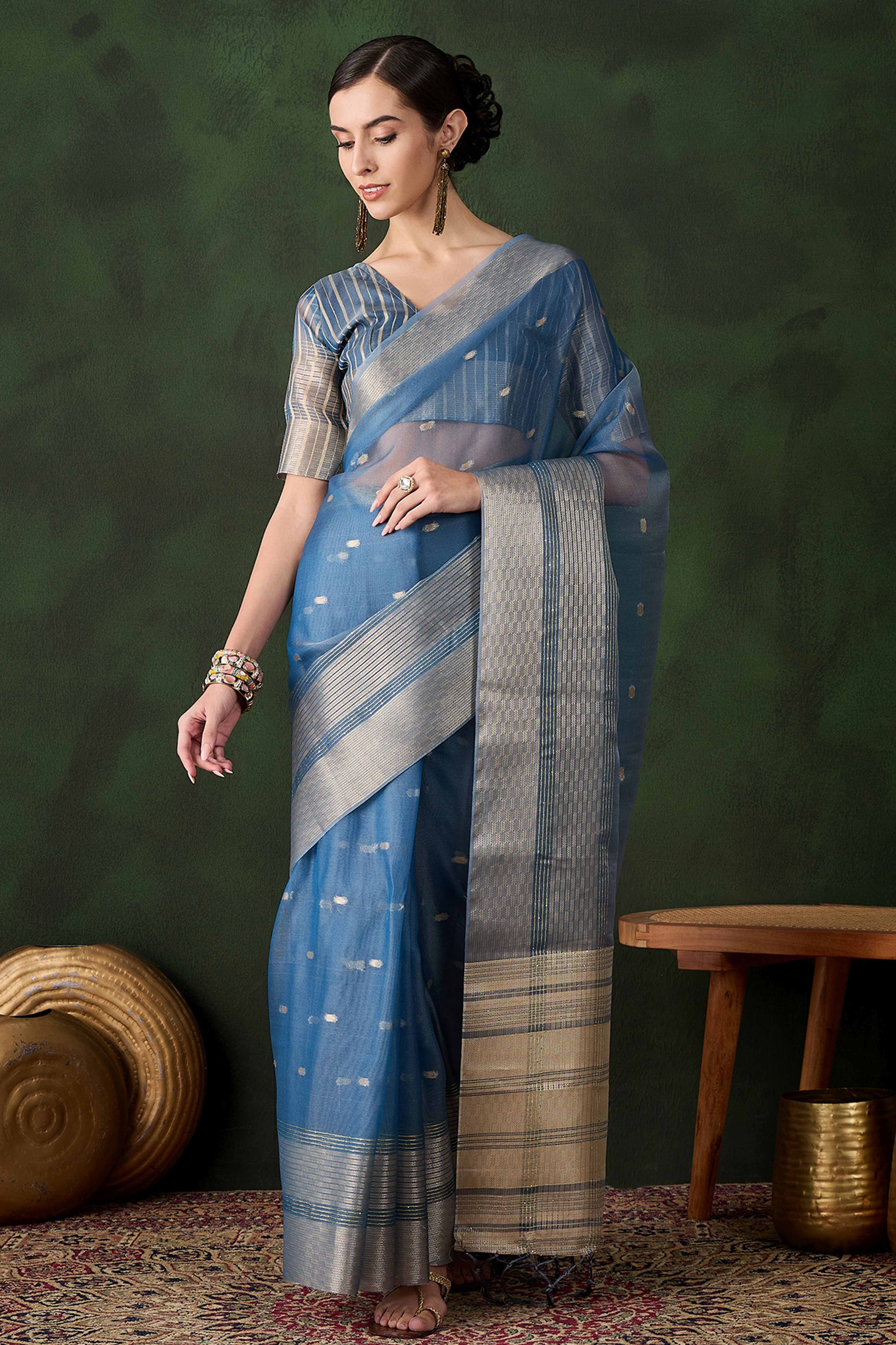 Blue Woven Khadi Organza Saree Embellished With Shimmering Sequins Work