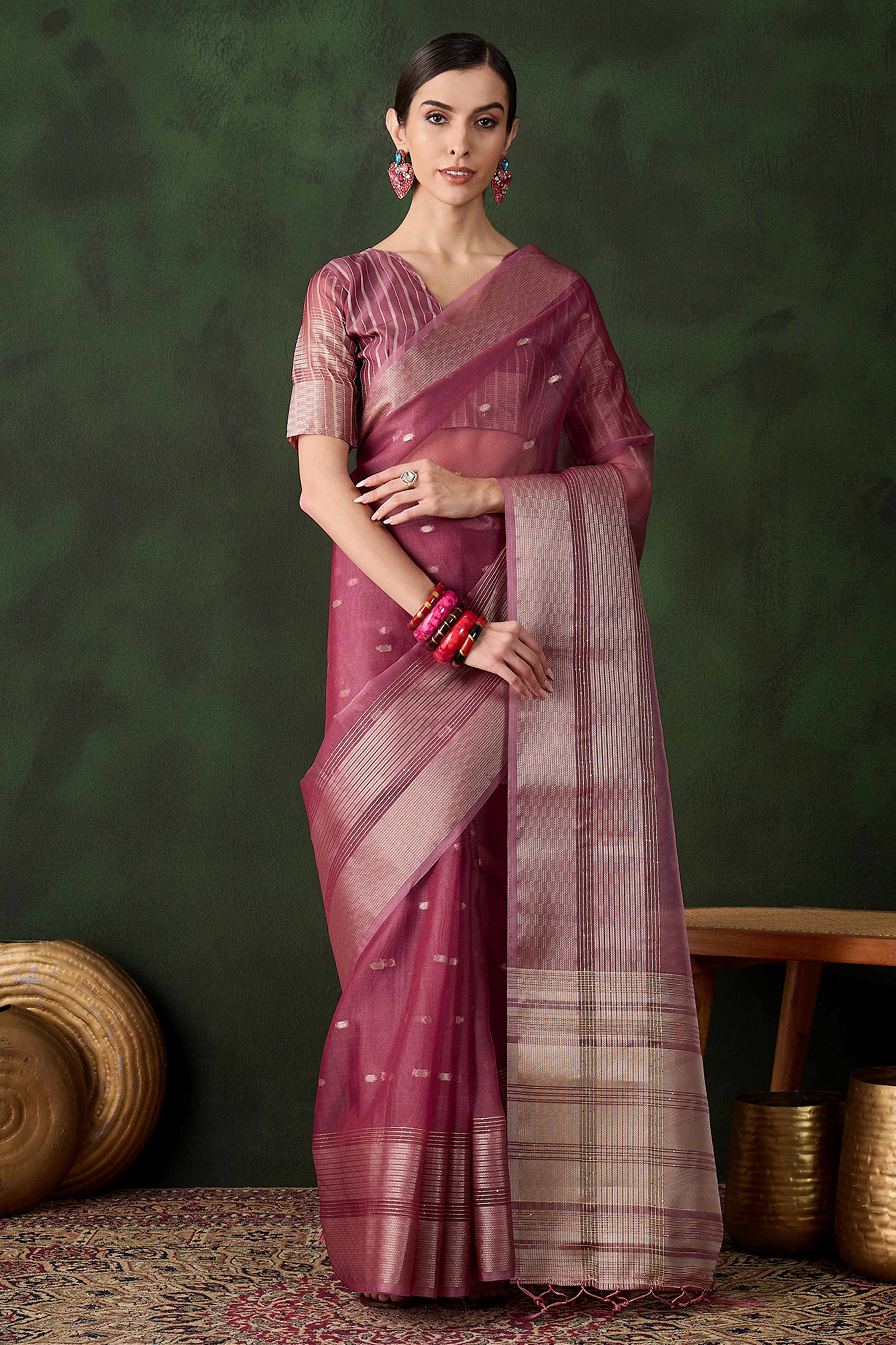 Magenta Woven Khadi Organza Saree Embellished With Shimmering Sequins Work