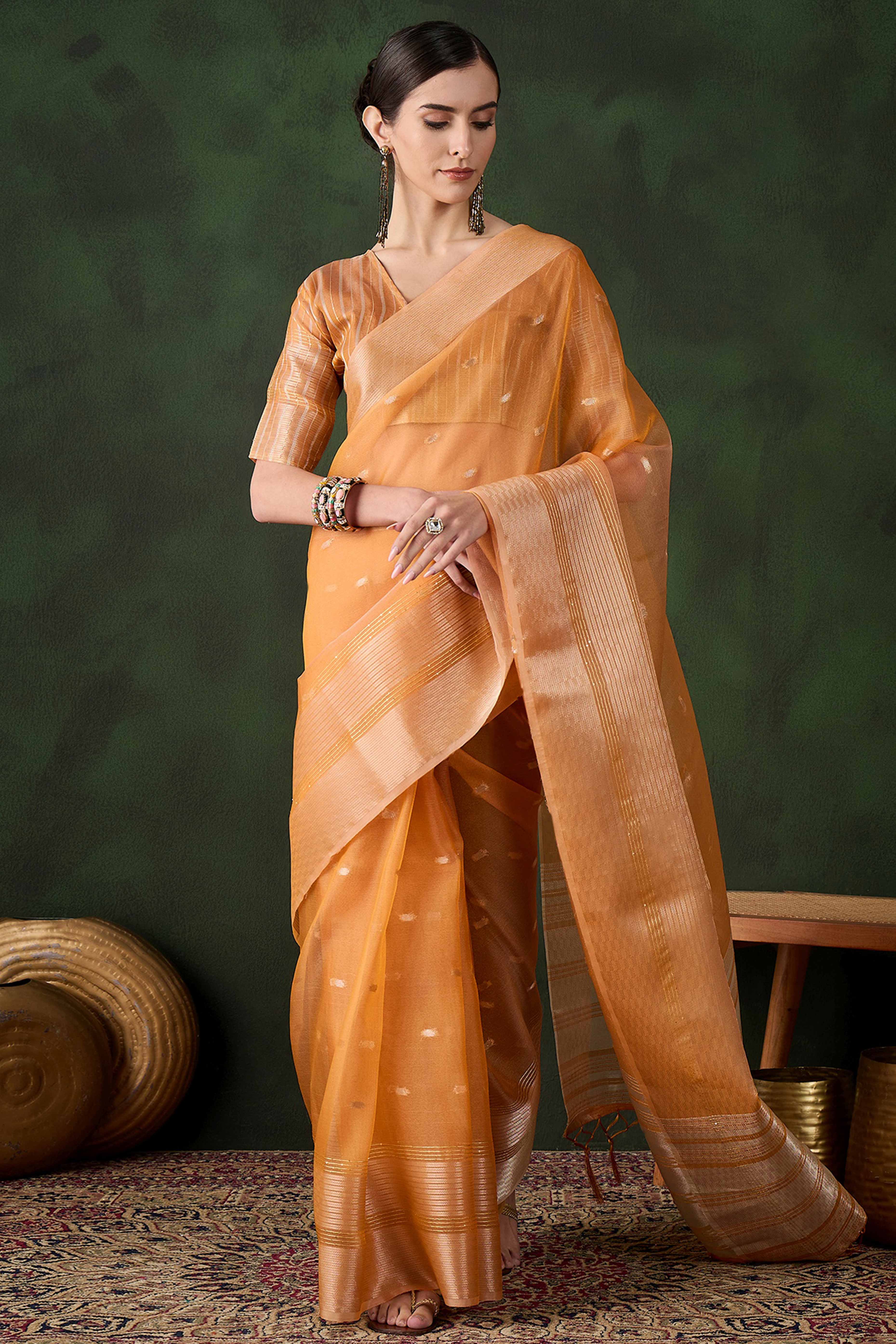 Orange Woven Khadi Organza Saree Embellished With Shimmering Sequins Work