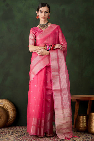 Pink Woven Khadi Organza Saree Embellished With Shimmering Sequins Work