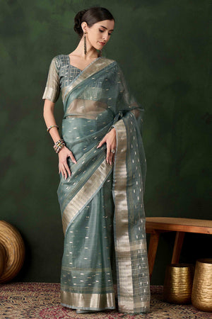 Green Saree With Fine Zari Weaving on Khadi Organza and Tassel Detailing Pallu
