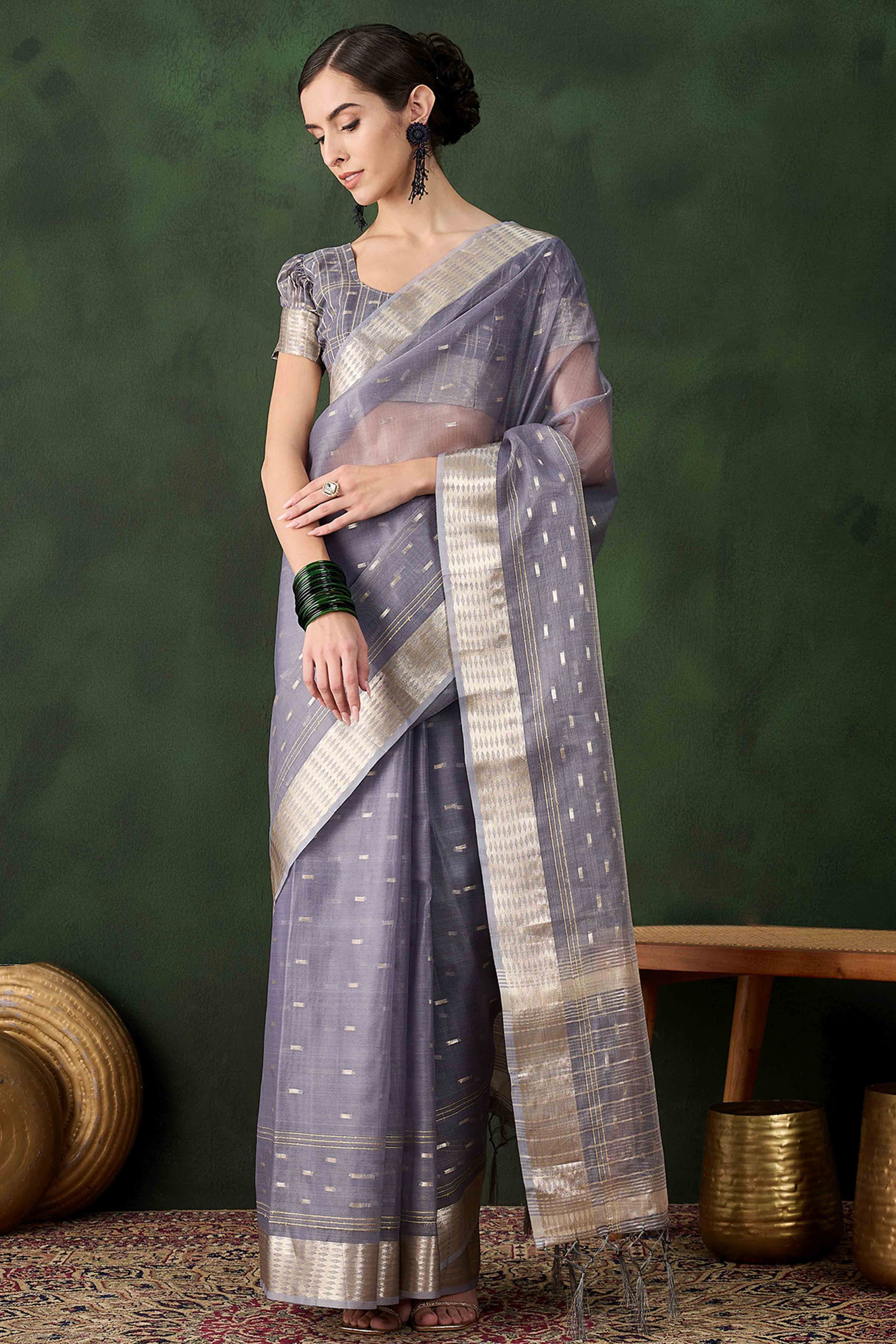 Grey Saree With Fine Zari Weaving on Khadi Organza and Tassel Detailing Pallu