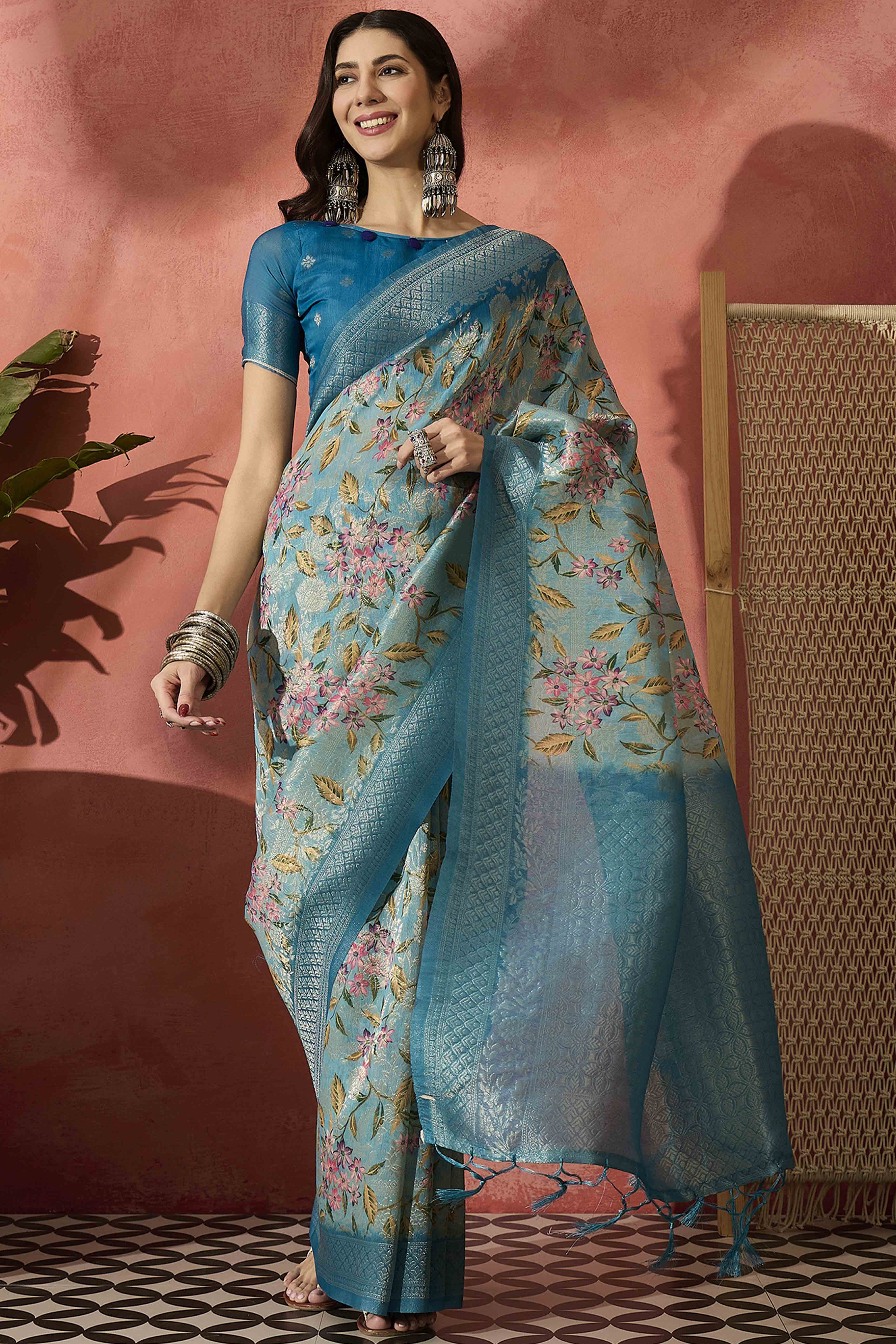 Blue Saree In Poly Cotton Featuring Intricate Floral Zari Weaving & Tassel Accents