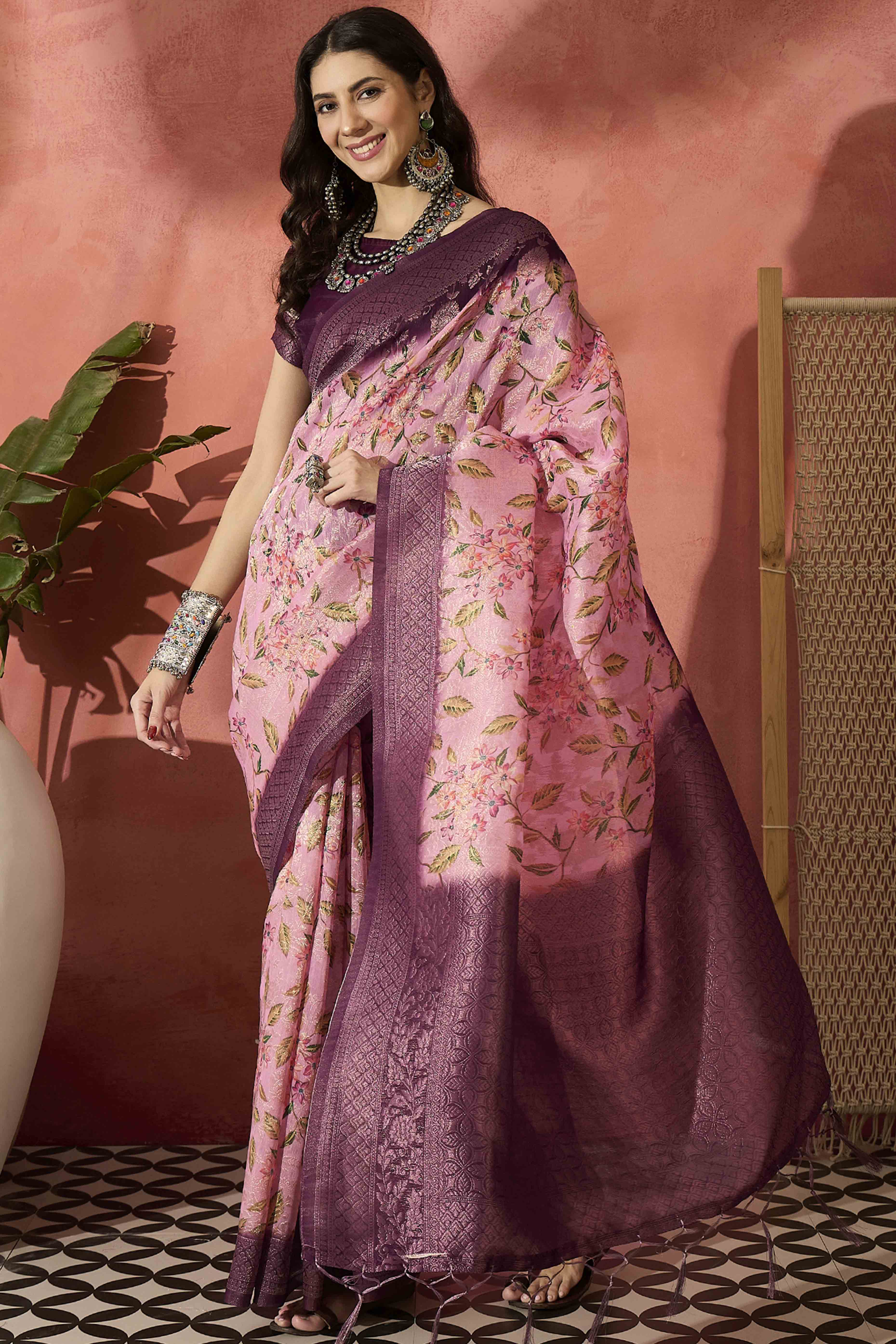 Pastel Pink Saree In Poly Cotton Featuring Intricate Floral Zari Weaving & Tassel Accents