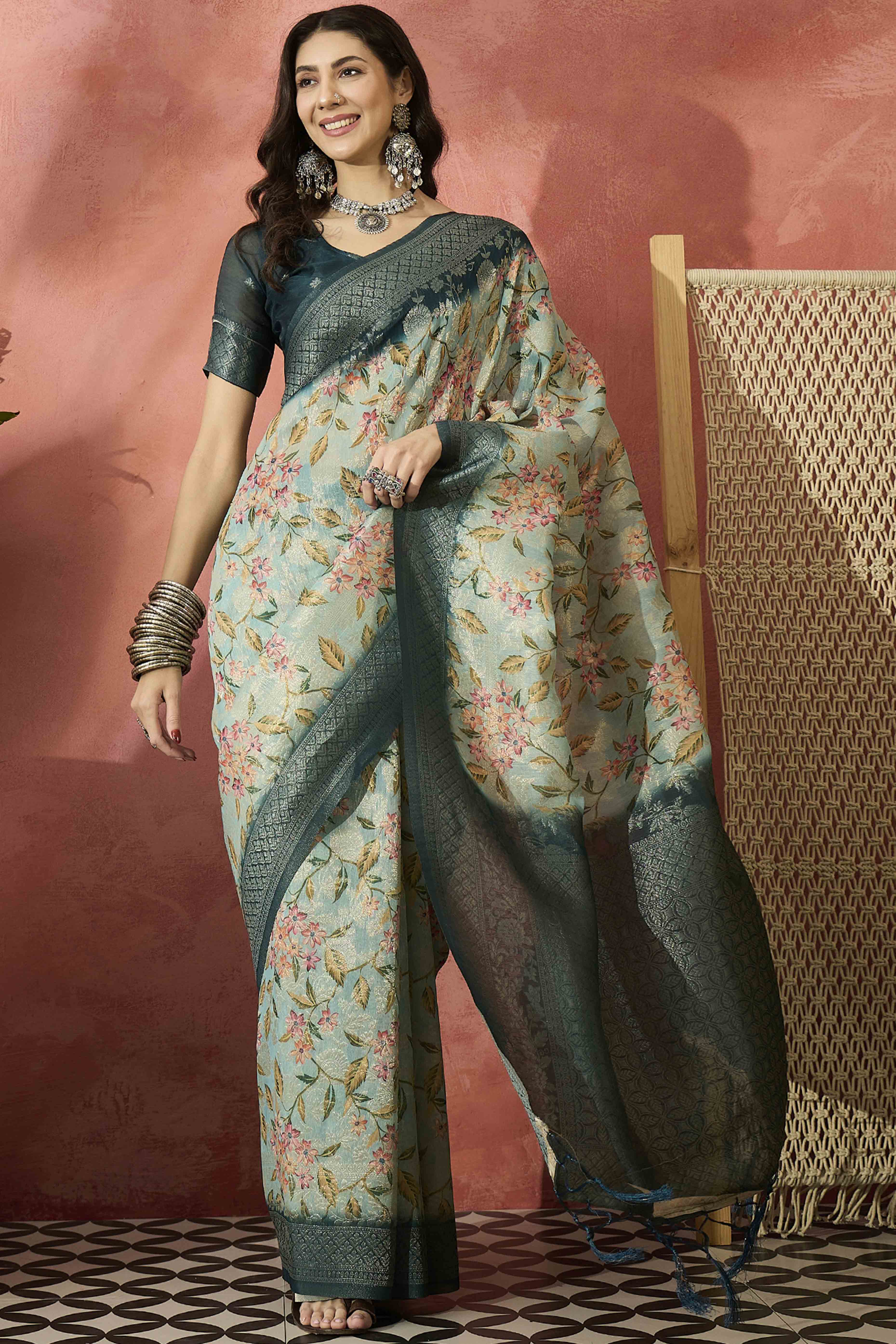 Turquoise Saree In Poly Cotton Featuring Intricate Floral Zari Weaving & Tassel Accents