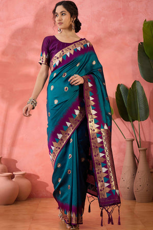 Morpich Blue Zari Woven Poly Silk Saree Enhanced With Graceful Tassel Detailing