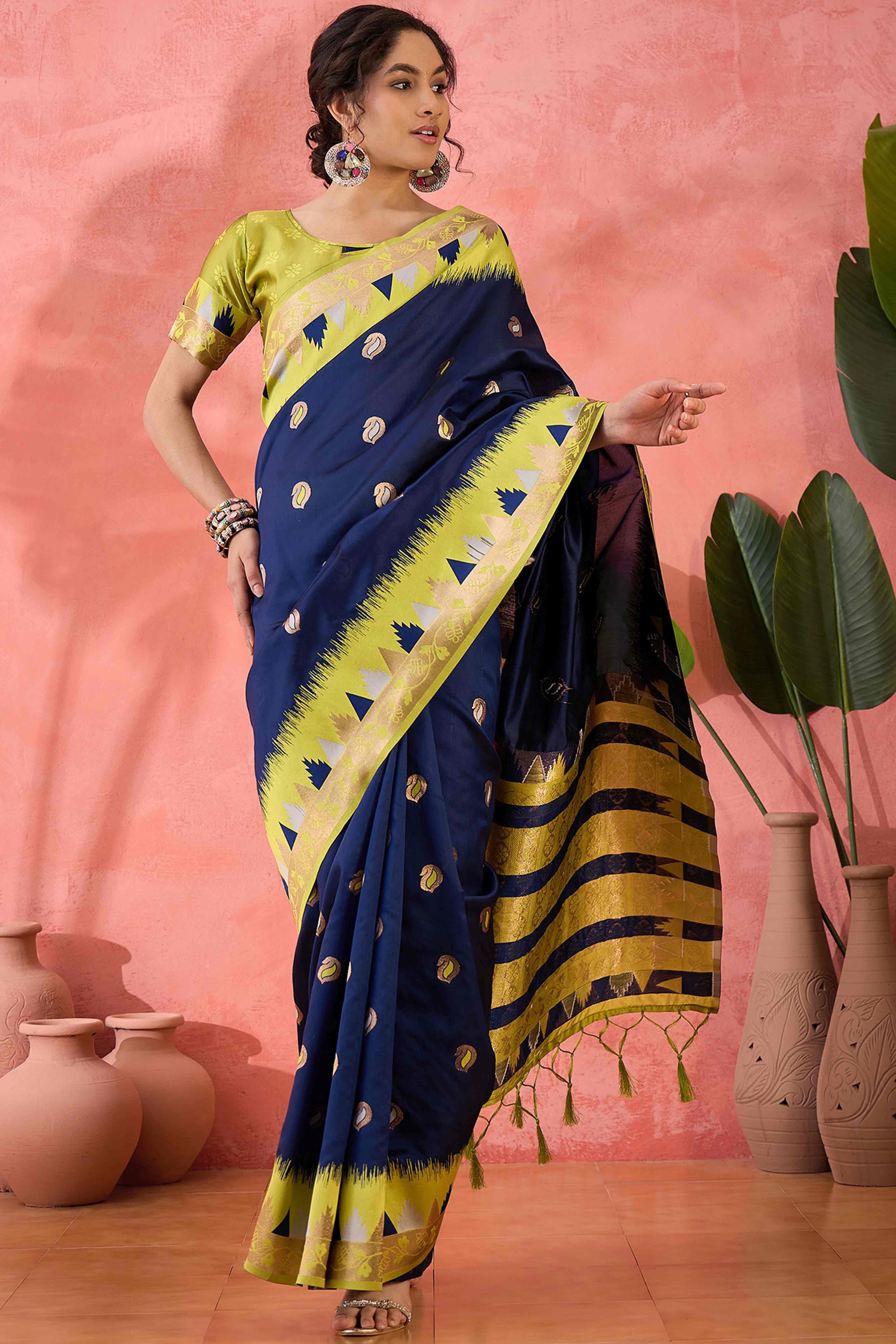 Navy Blue Zari Woven Poly Silk Saree Enhanced With Graceful Tassel Detailing