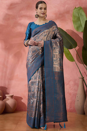 Blue Woven Poly Silk Blend Saree Featuring Floral & Paisley Motifs With Tassel Accents