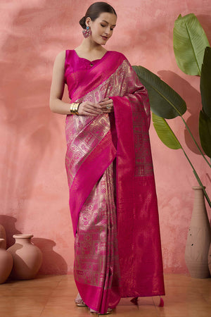 Rani Pink Woven Poly Silk Blend Saree Featuring Floral & Paisley Motifs With Tassel Accents