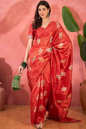 Red Shimmer Saree Showcasing Floral Zari Weaving & A Tasselled Pallu