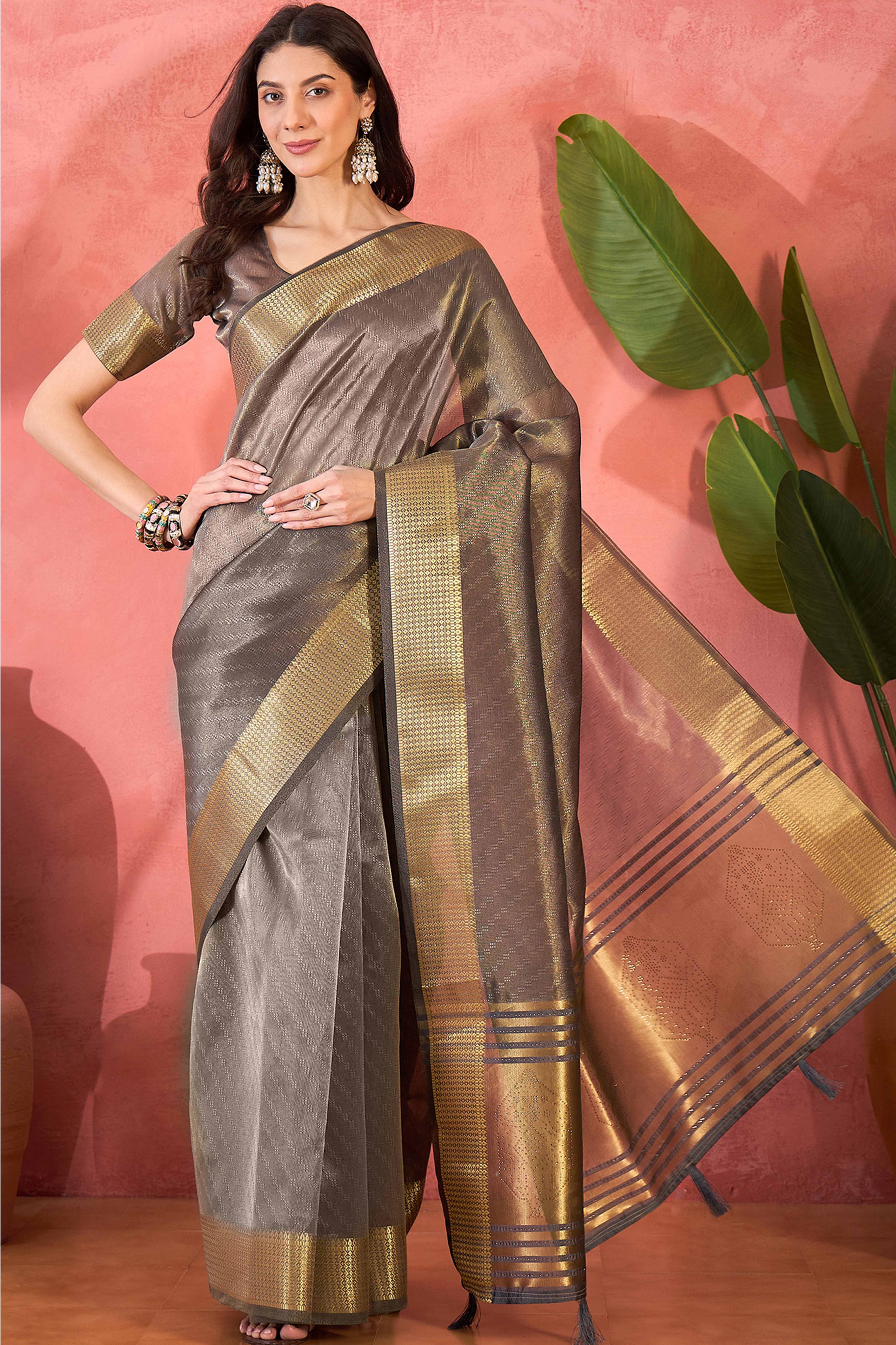 Grey Khadi Organza Saree Intricate Weaving & Sparkling Stonework With Tassel Pallu