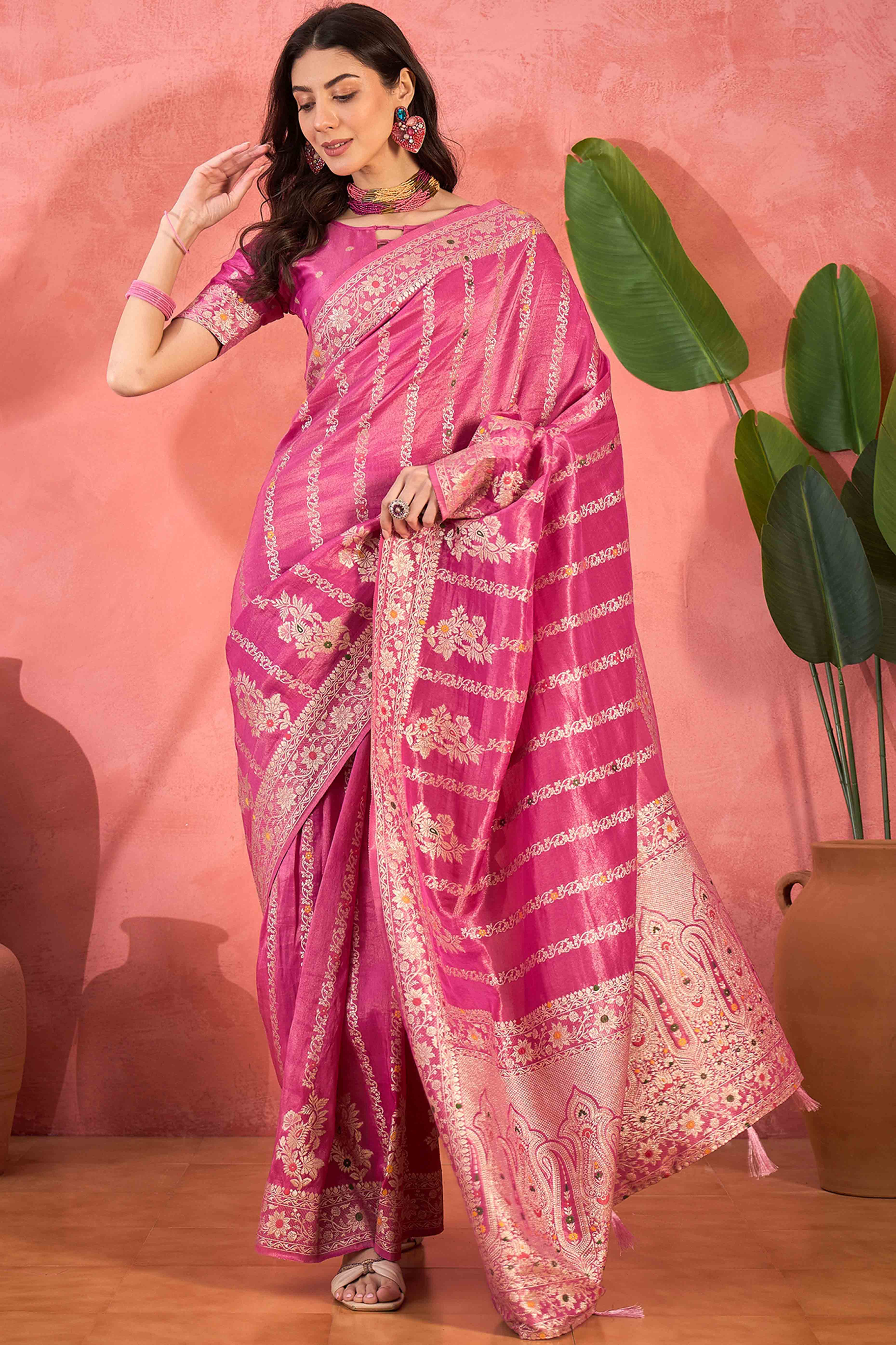 Floral Zari Woven Pink Saree In Shimmer Finish With Elegant Tassel Pallu