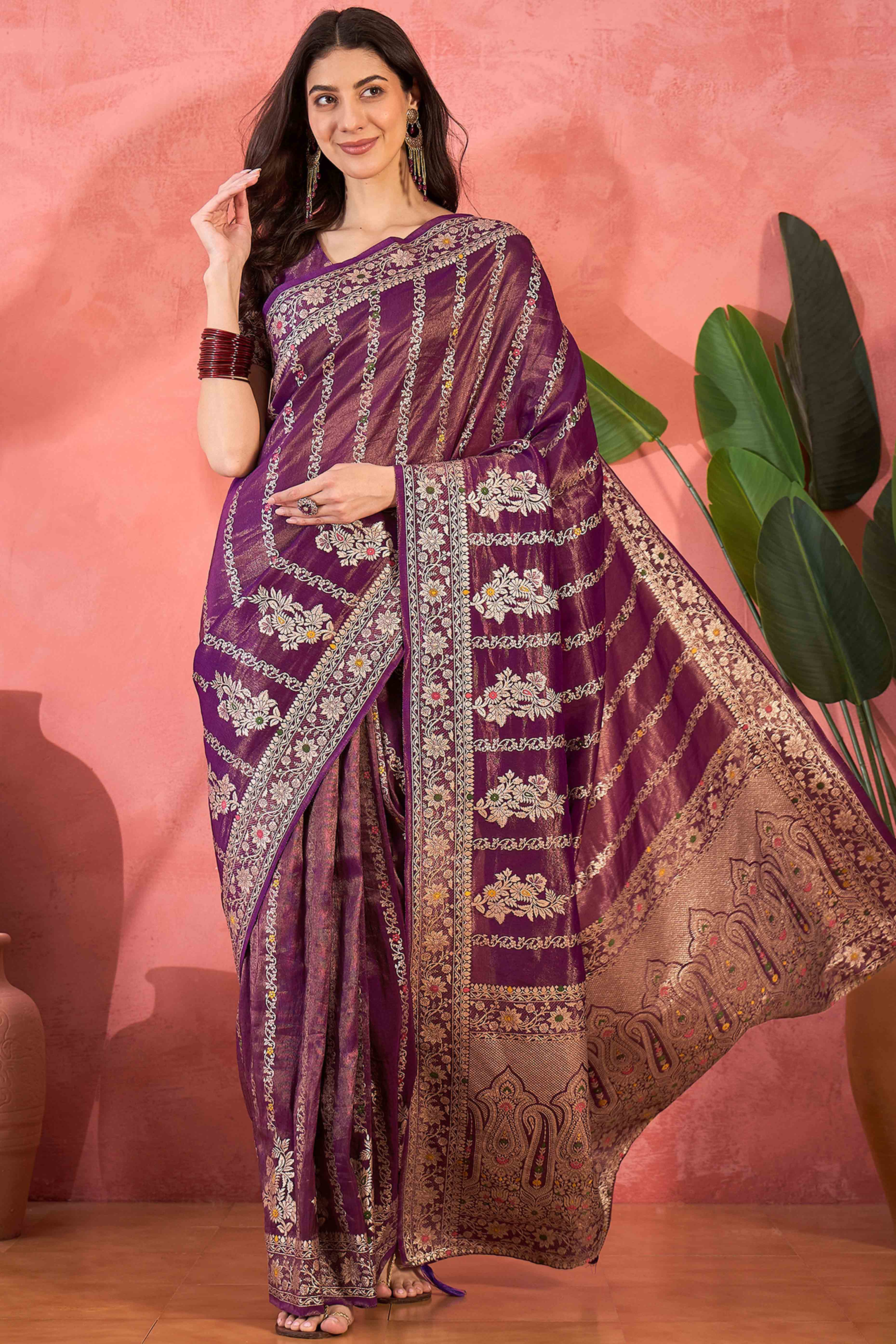 Floral Zari Woven Purple Saree In Shimmer Finish With Elegant Tassel Pallu