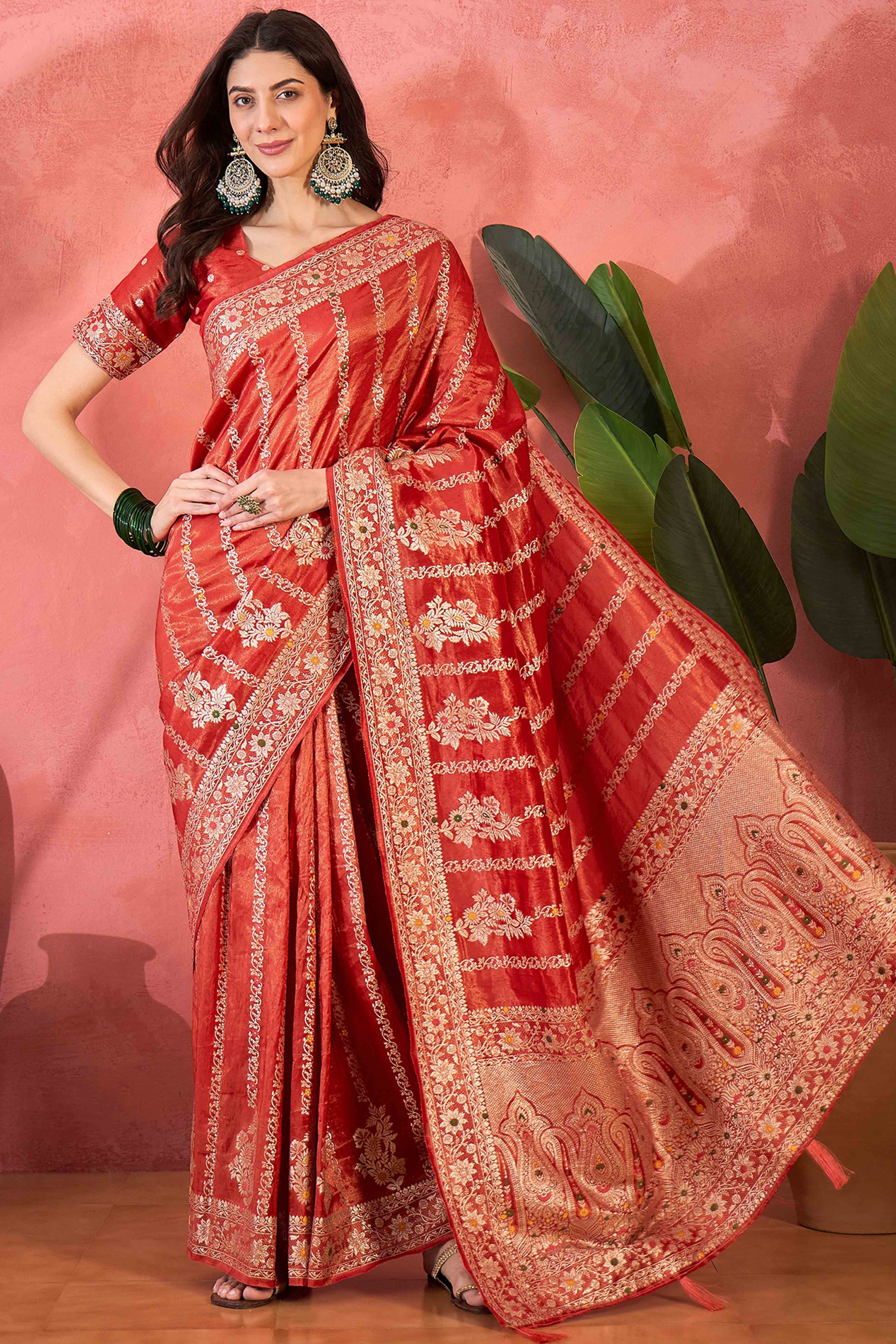 Floral Zari Woven Red Saree In Shimmer Finish With Elegant Tassel Pallu