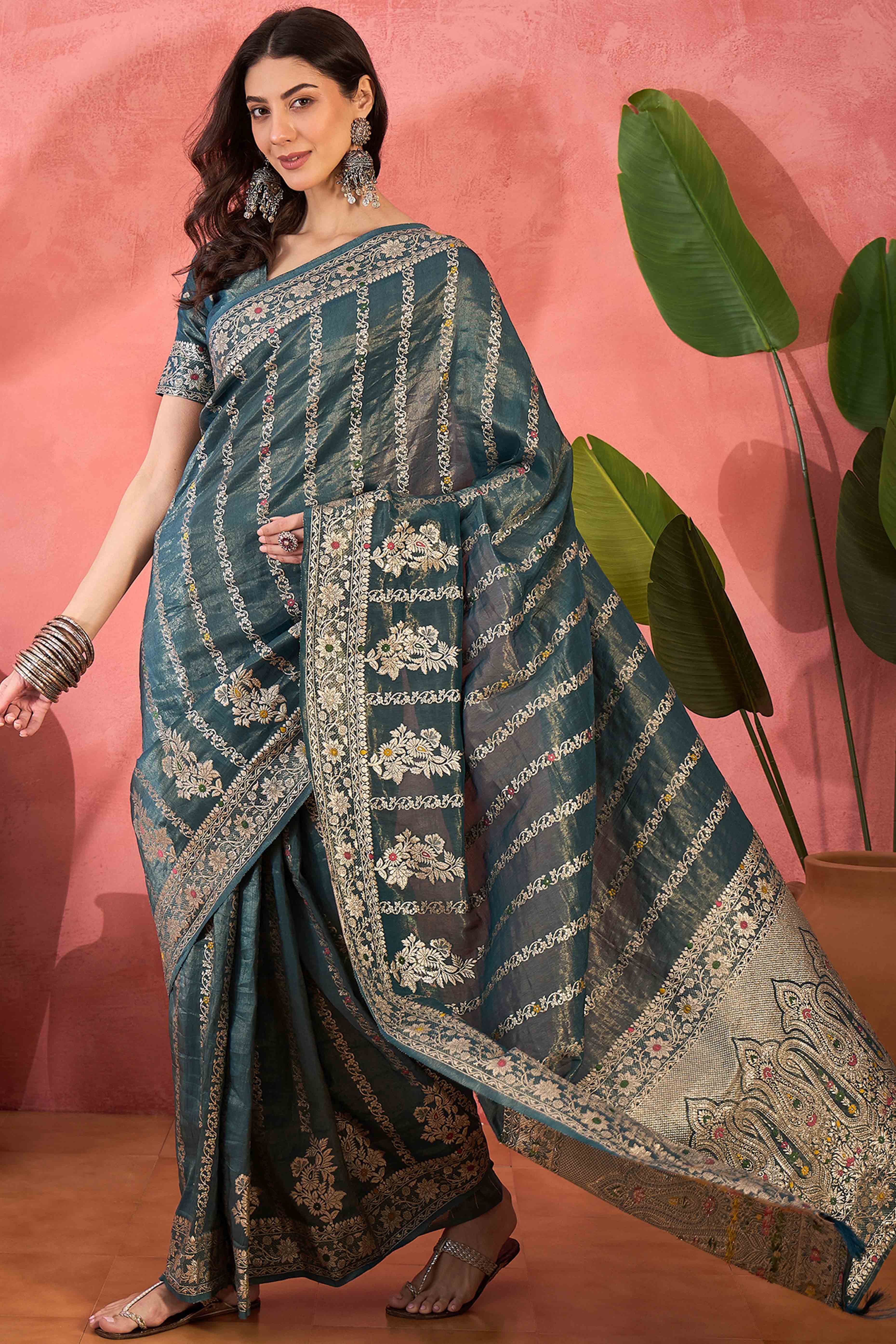 Floral Zari Woven Teal Saree In Shimmer Finish With Elegant Tassel Pallu