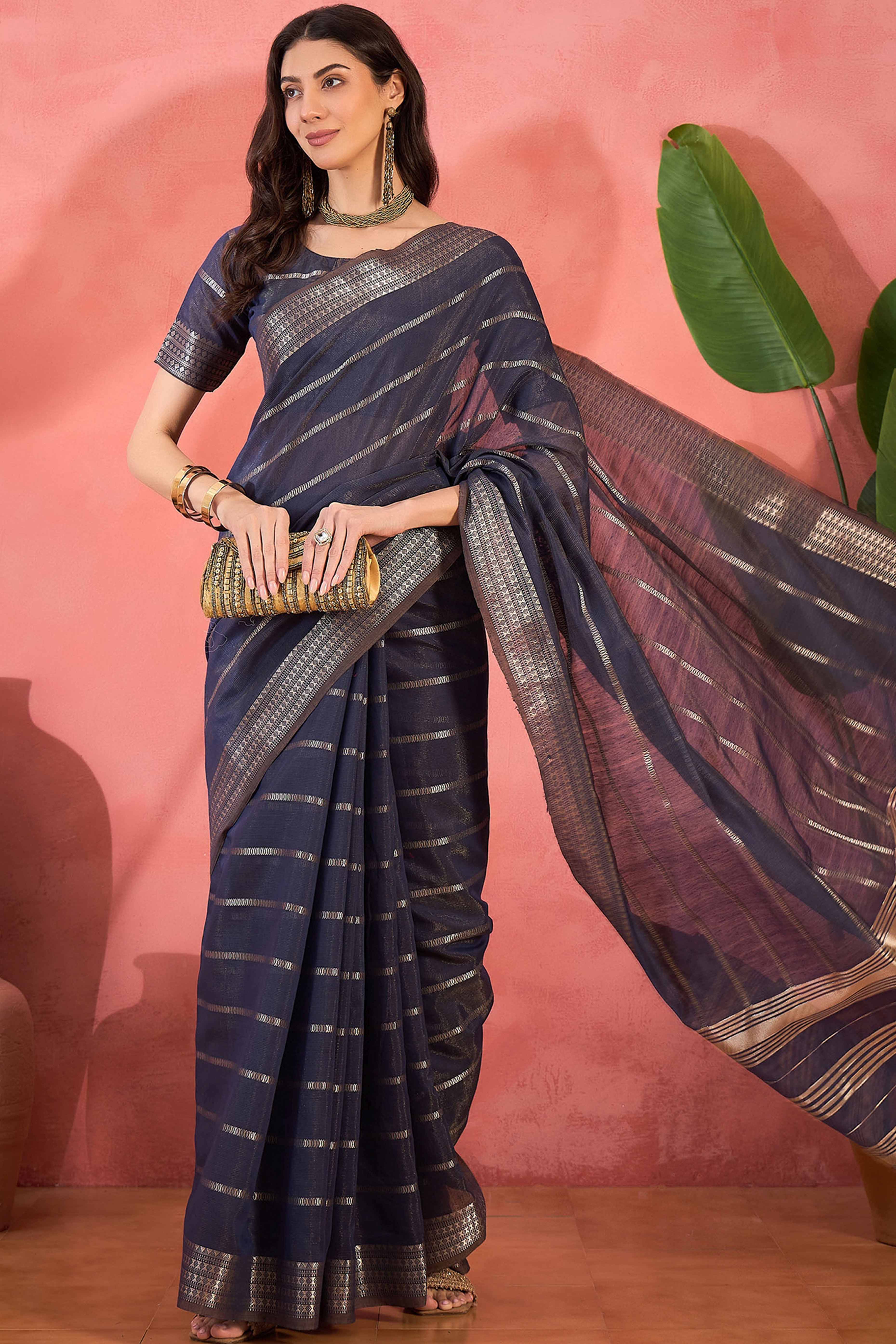 Blue Zari Striped Khadi Organza Saree With Graceful Tassel Accents