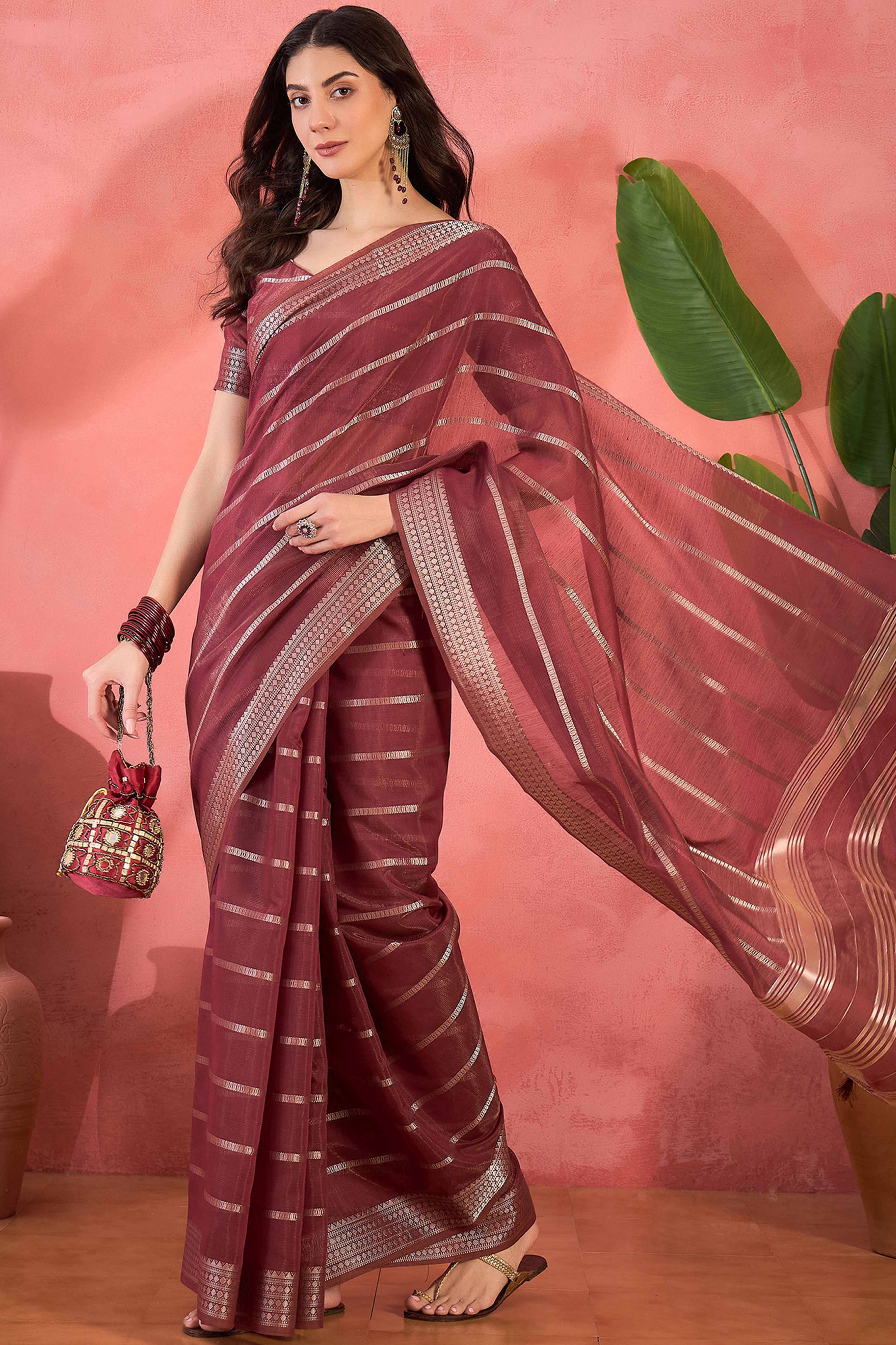 Maroon Zari Striped Khadi Organza Saree With Graceful Tassel Accents