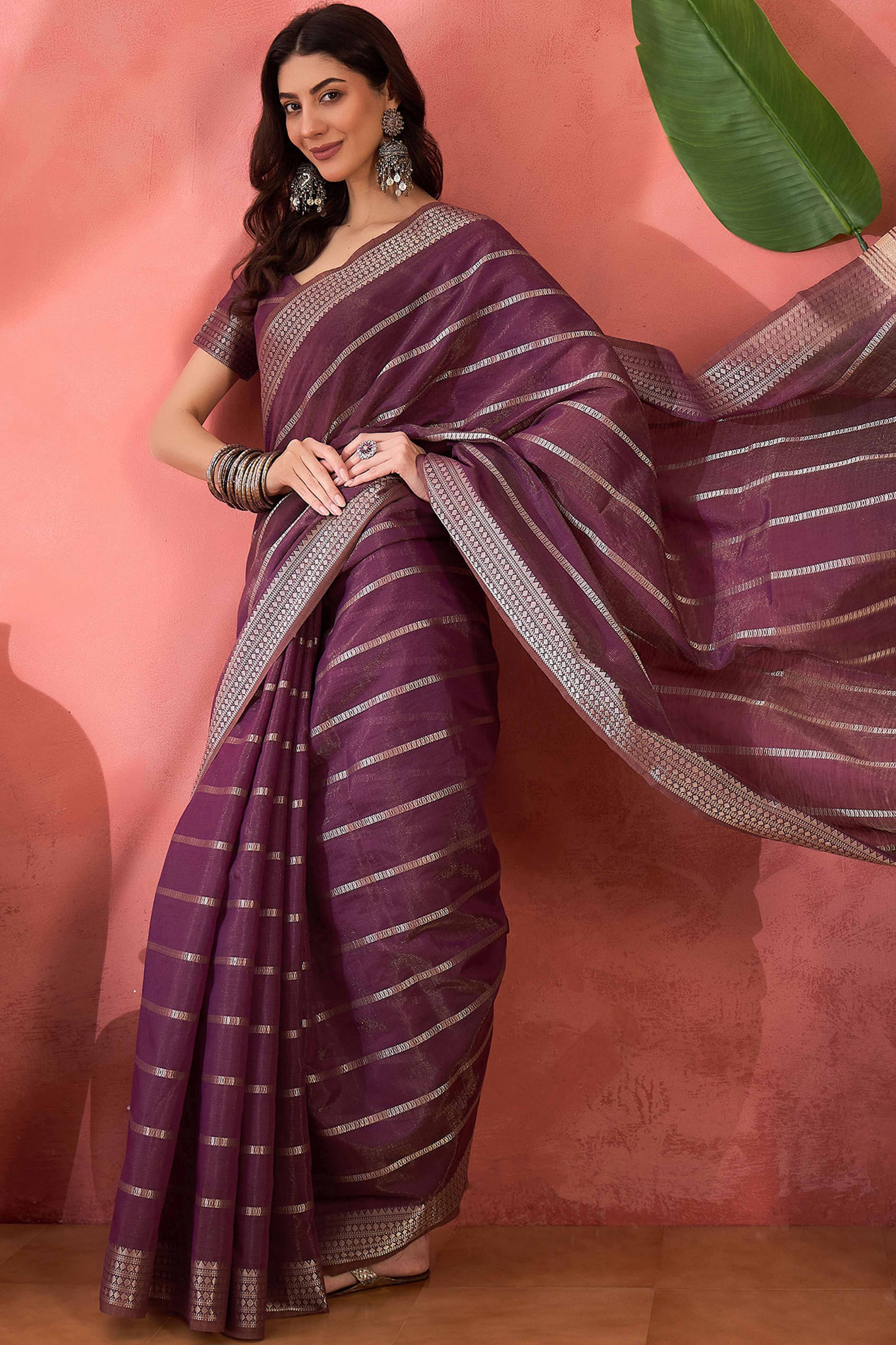 Wine Zari Striped Khadi Organza Saree With Graceful Tassel Accents
