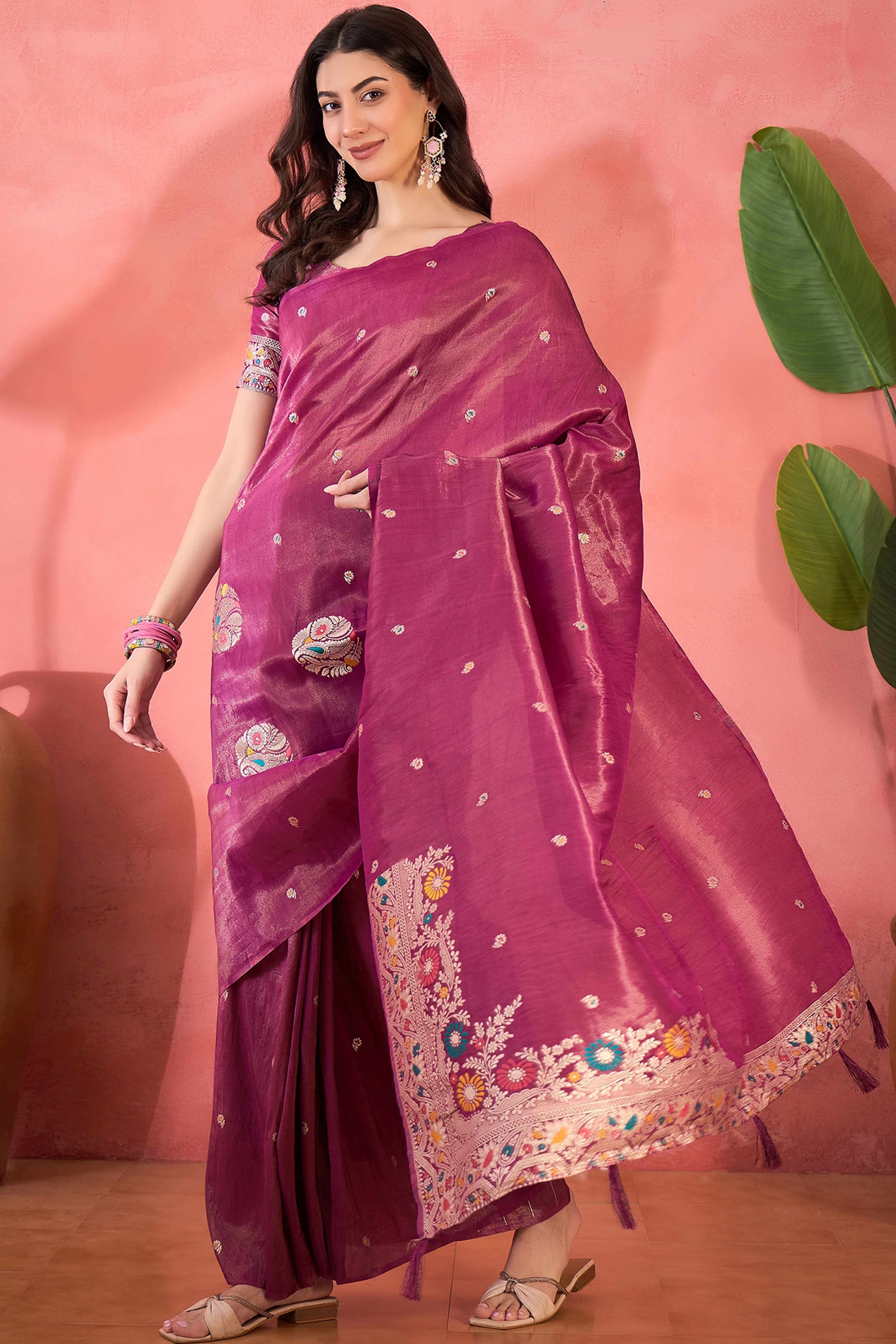 Floral Zari Woven Wine Saree In Shimmer Finish With Elegant Tassel Pallu