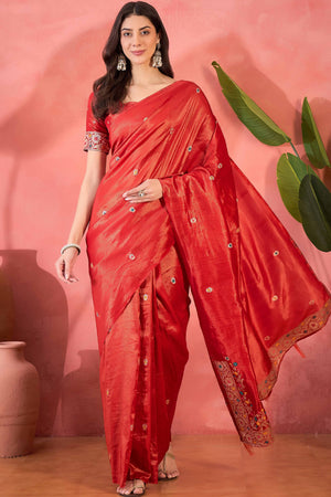 Red Zari Woven Shimmer Saree With Floral Motifs & Flowing Tassel Pallu