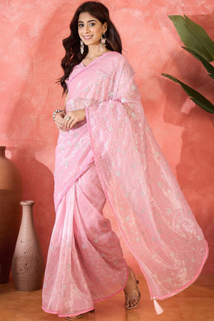 Baby Pink Floral Sequin Embellished Saree In Twill Net With Tassel Accents