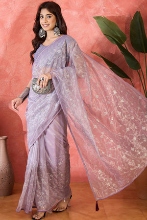 Lavender Floral Sequin Embellished Saree In Twill Net With Tassel Accents