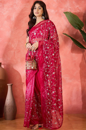 Pink Floral Sequin Embellished Saree In Twill Net With Tassel Accents