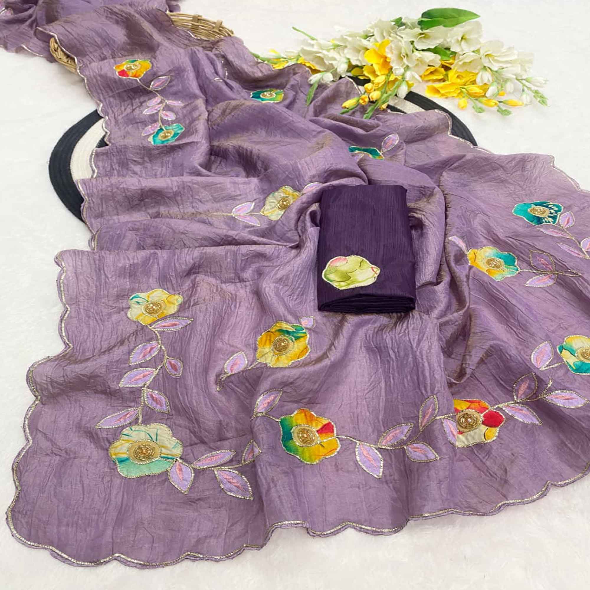 Purple Crush-Style Silk Blend Saree Enhanced with Beautiful Patch Work Embroidery