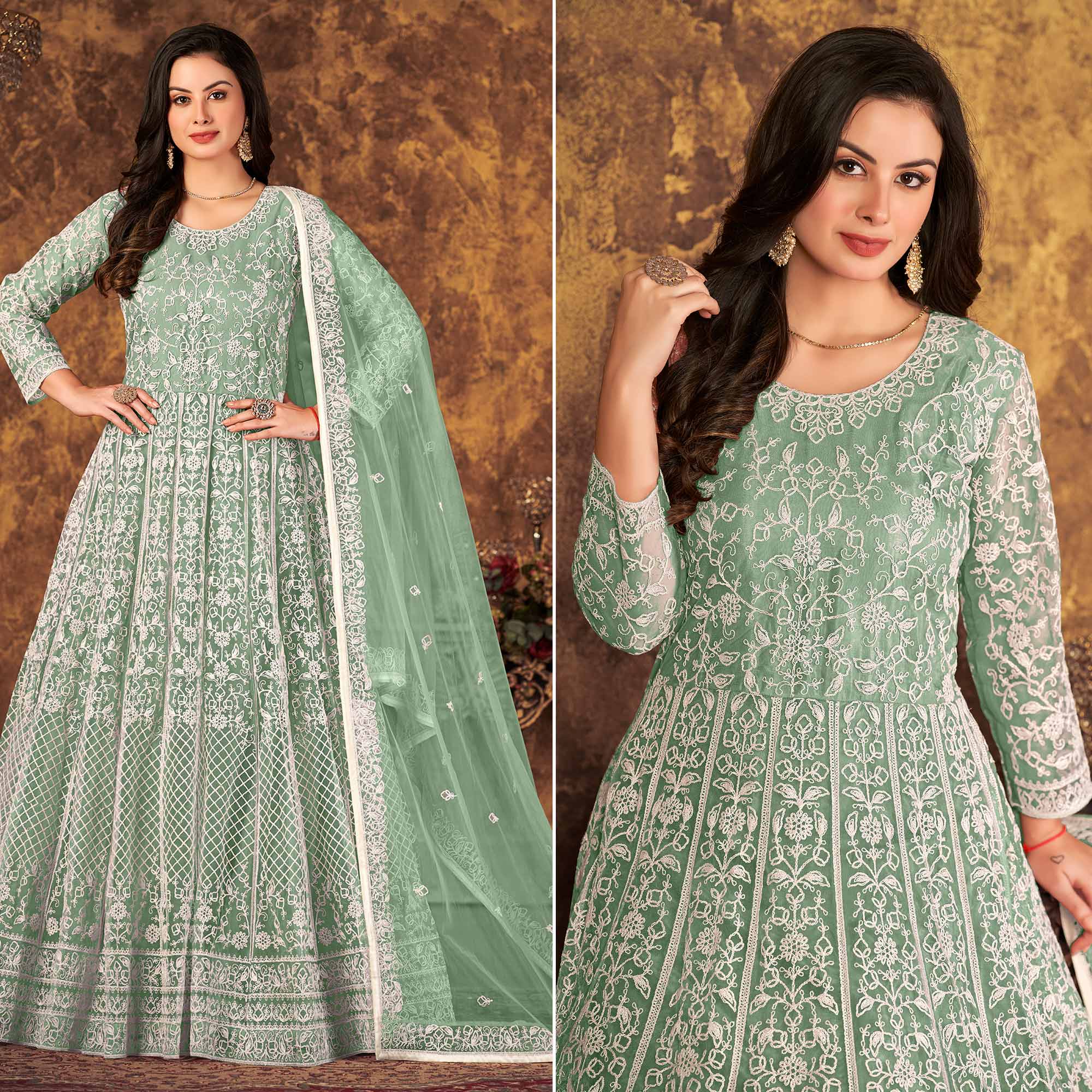 Green Floral Embroidered Net Semi Stitched Dress Material