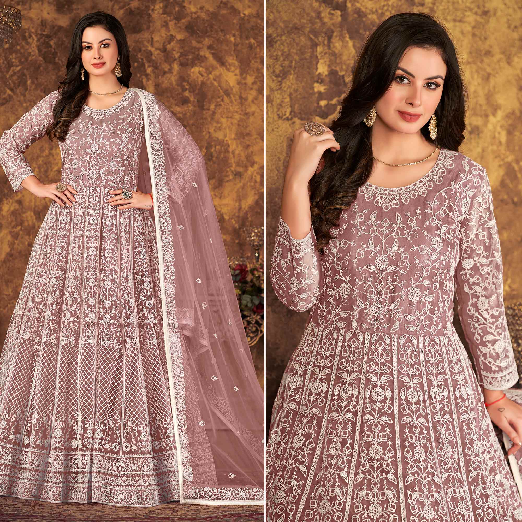 Mauve Floral Embroidered Net Semi Stitched Dress Material
