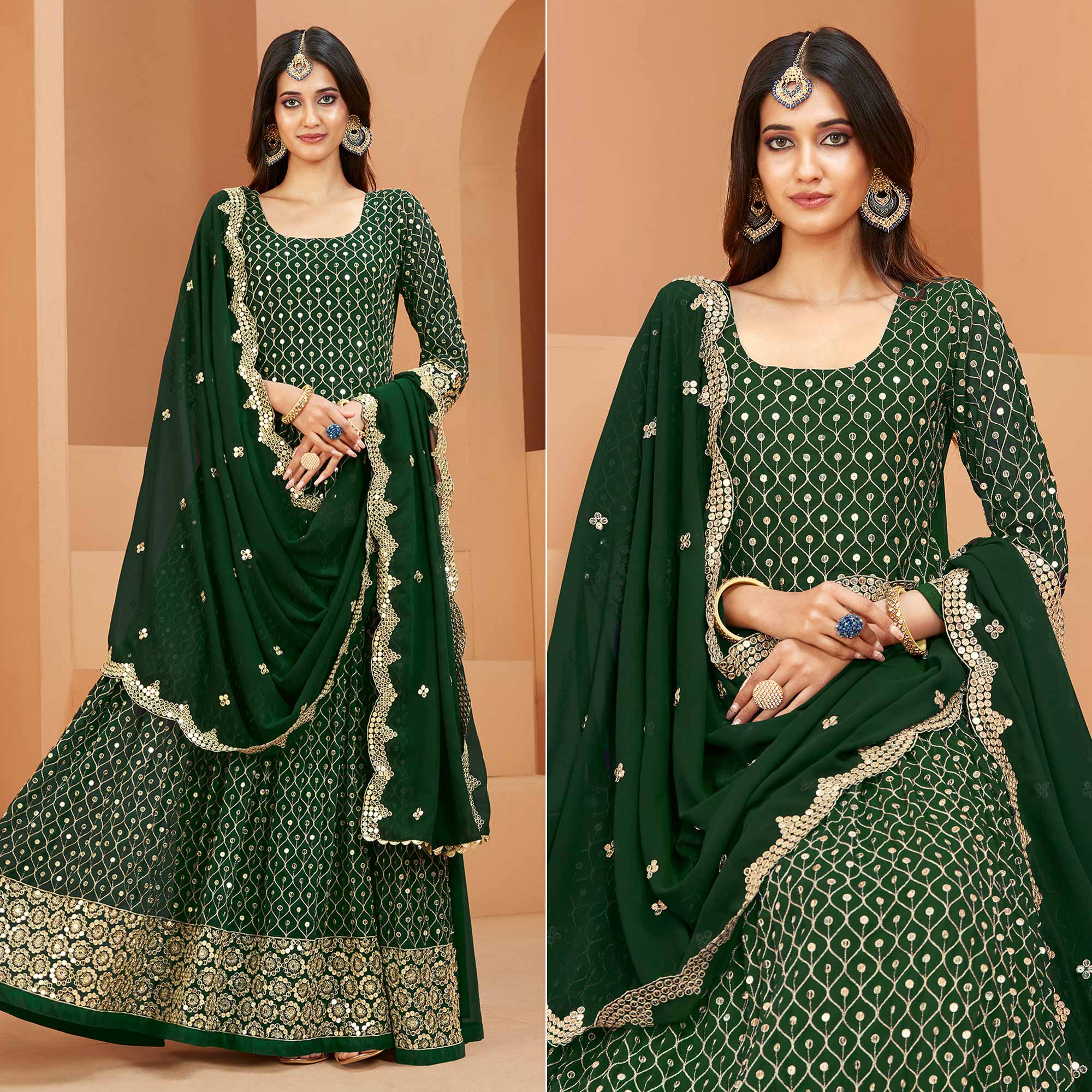 Green Sequins Embroidered Georgette Semi Stitched Anarkali Suit