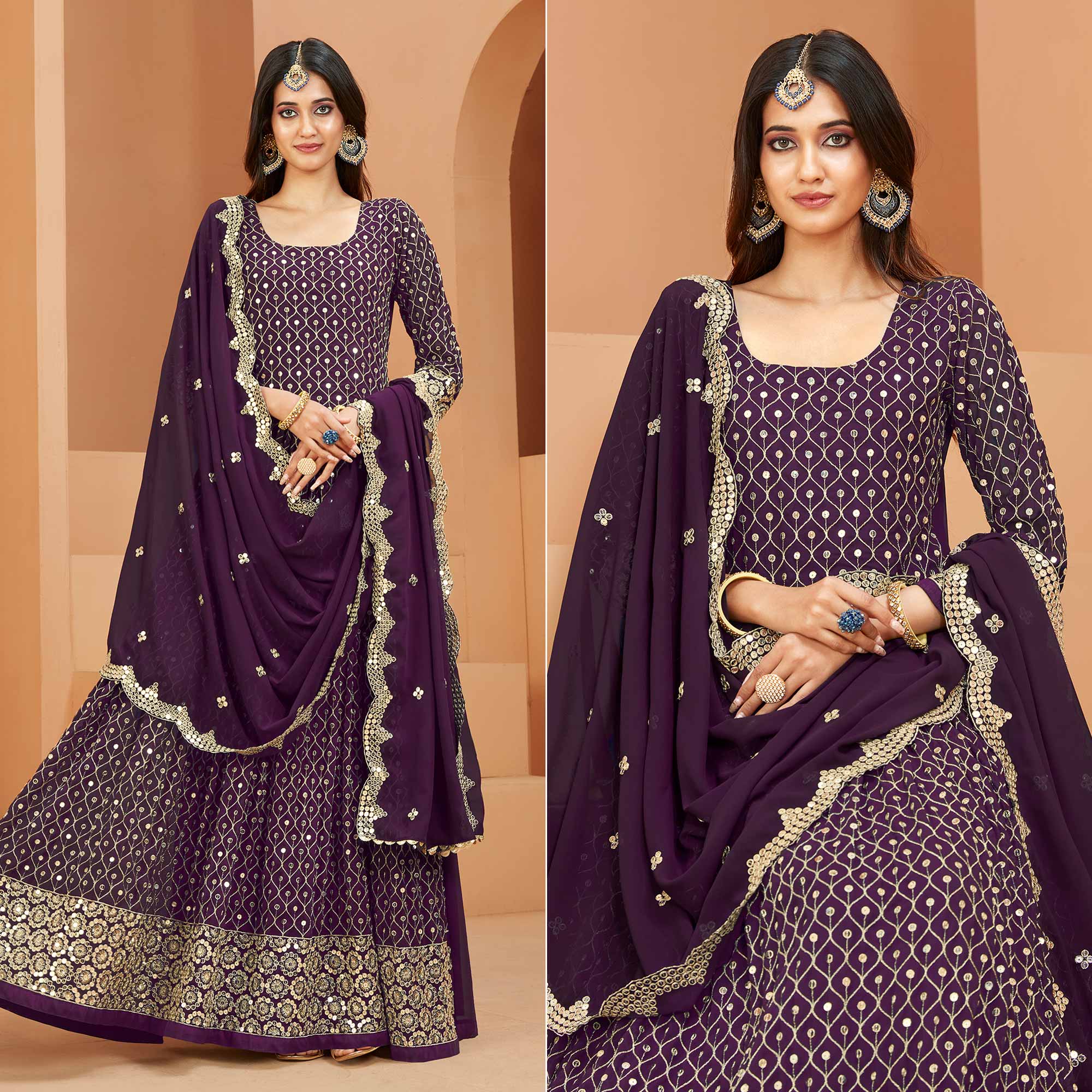 Purple Sequins Embroidered Georgette Semi Stitched Anarkali Suit