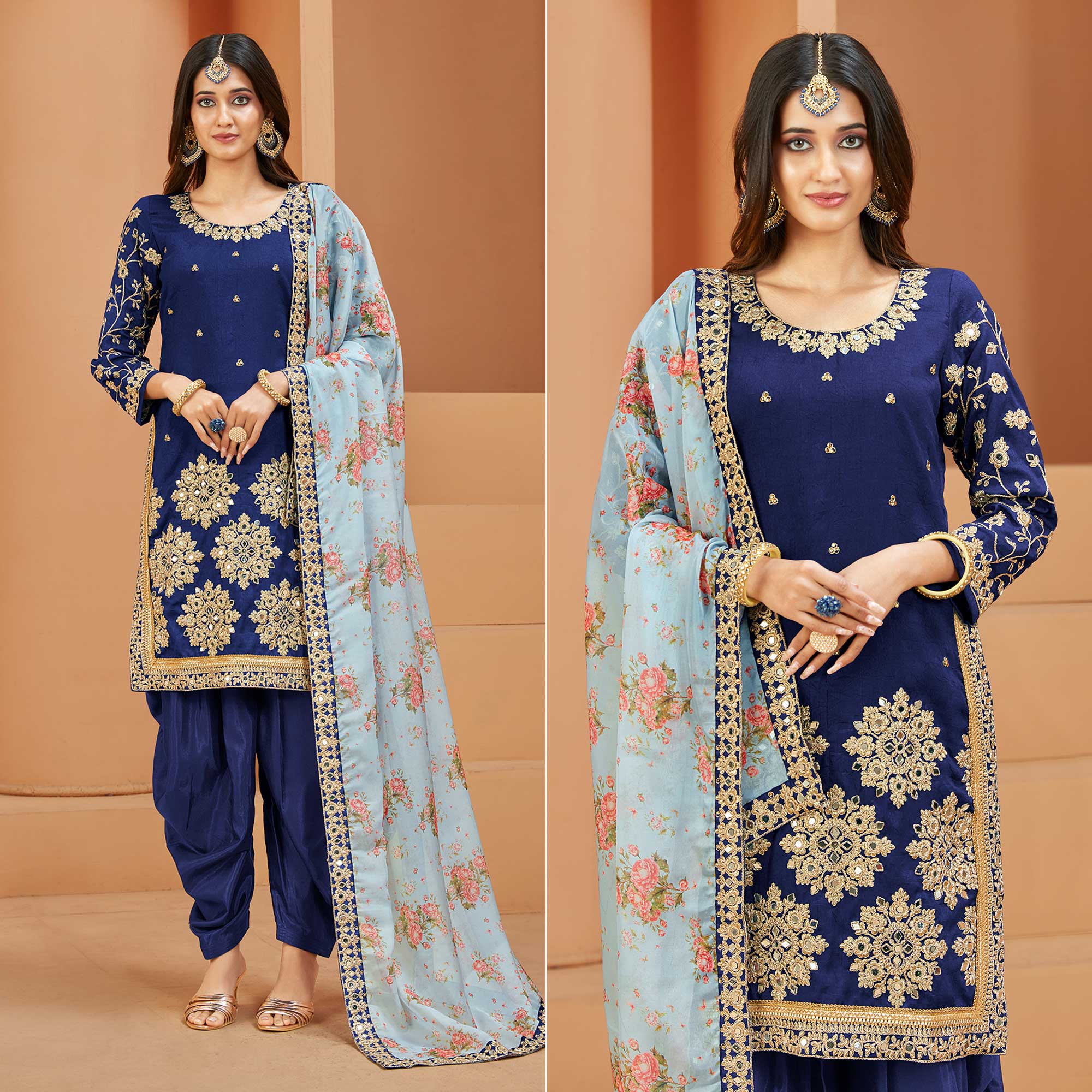 Blue Floral Embroidered Art Silk Semi Stitched Patiala Suit