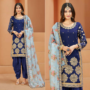 Blue Floral Embroidered Art Silk Semi Stitched Patiala Suit