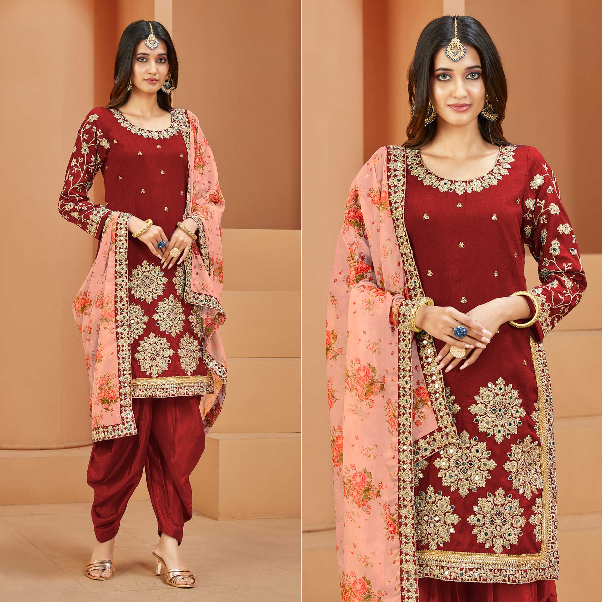 Red Floral Embroidered Art Silk Semi Stitched Patiala Suit