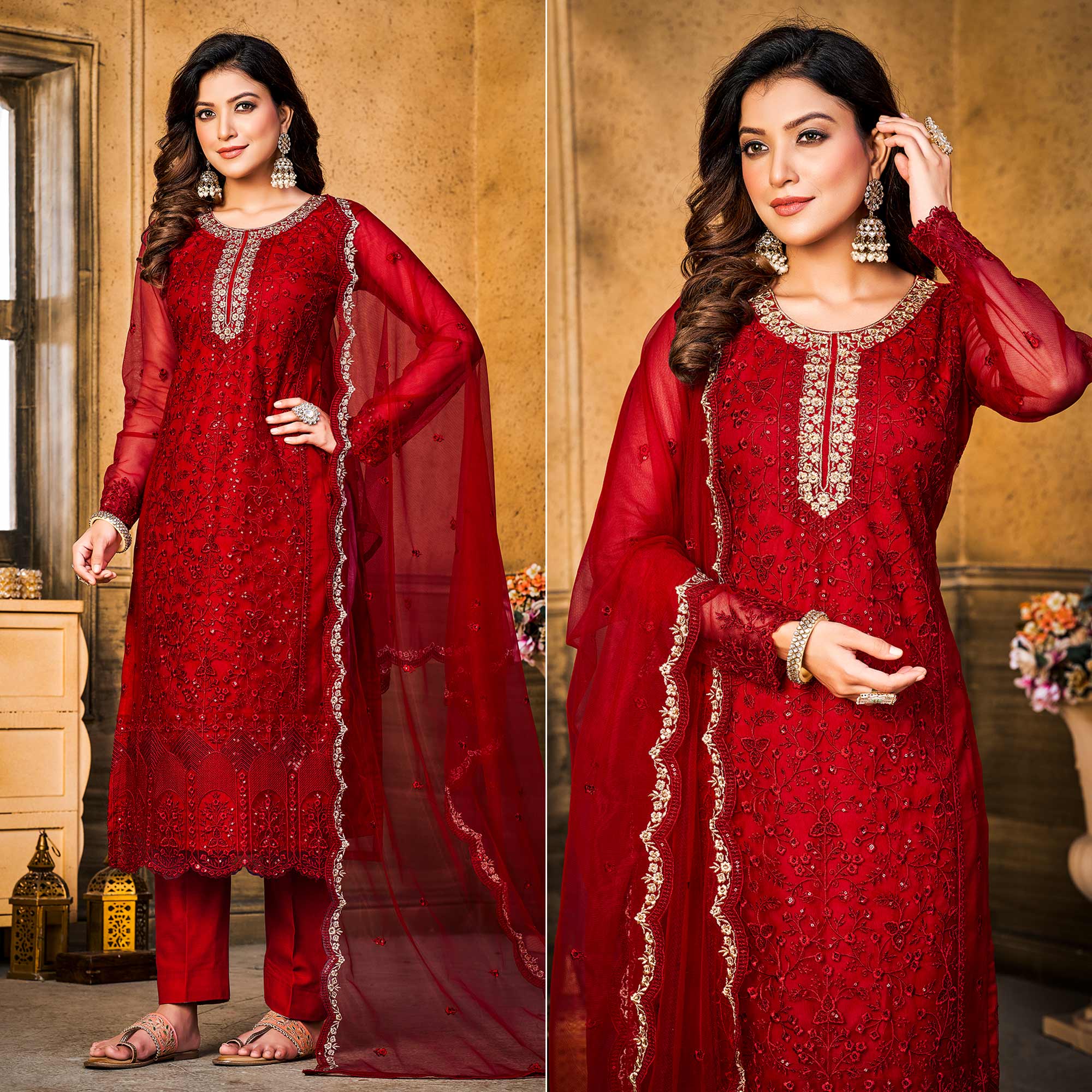 Red Sequins Floral Embroidered Net Semi Stitched Suit