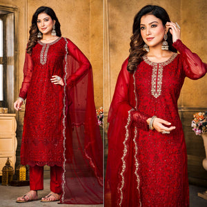Red Sequins Floral Embroidered Net Semi Stitched Suit