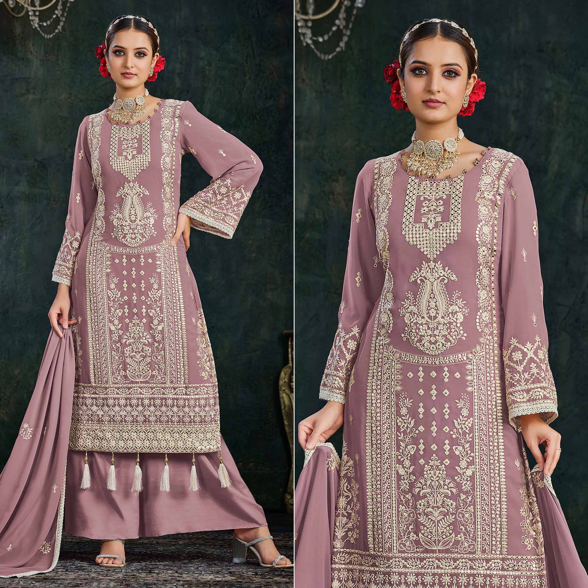 Mauve Floral Embroidered Georgette Semi Stitched Palazzo Suit