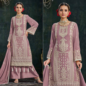 Mauve Floral Embroidered Georgette Semi Stitched Palazzo Suit