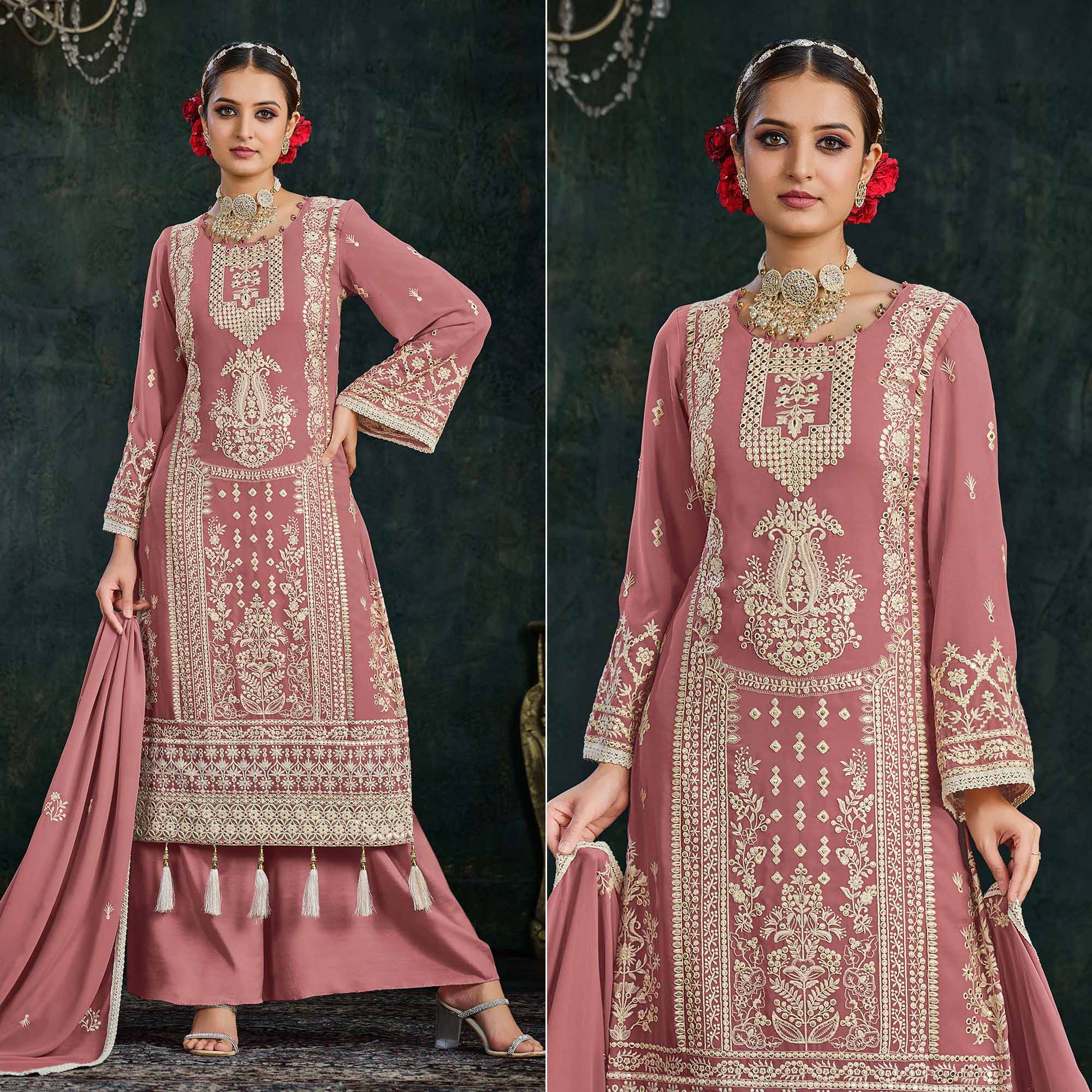 Pink Floral Embroidered Georgette Semi Stitched Palazzo Suit
