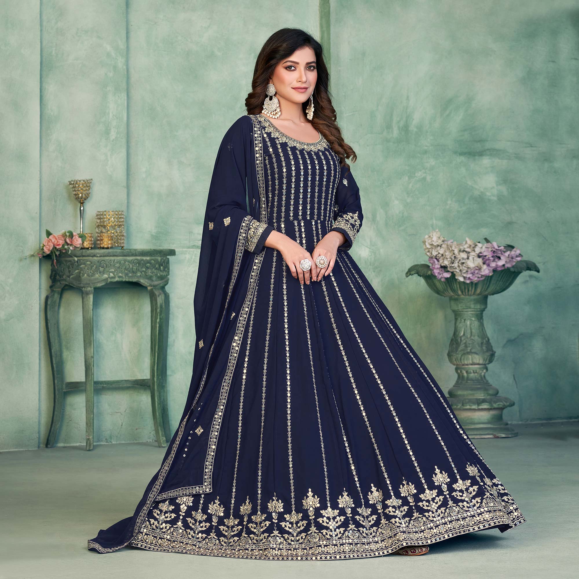 Blue Sequins Embroidered Georgette Semi Stitched Anarkali Suit