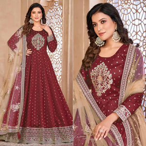 Maroon Floral Embroidered Tapetta Silk Semi Stitched Anarkali Suit