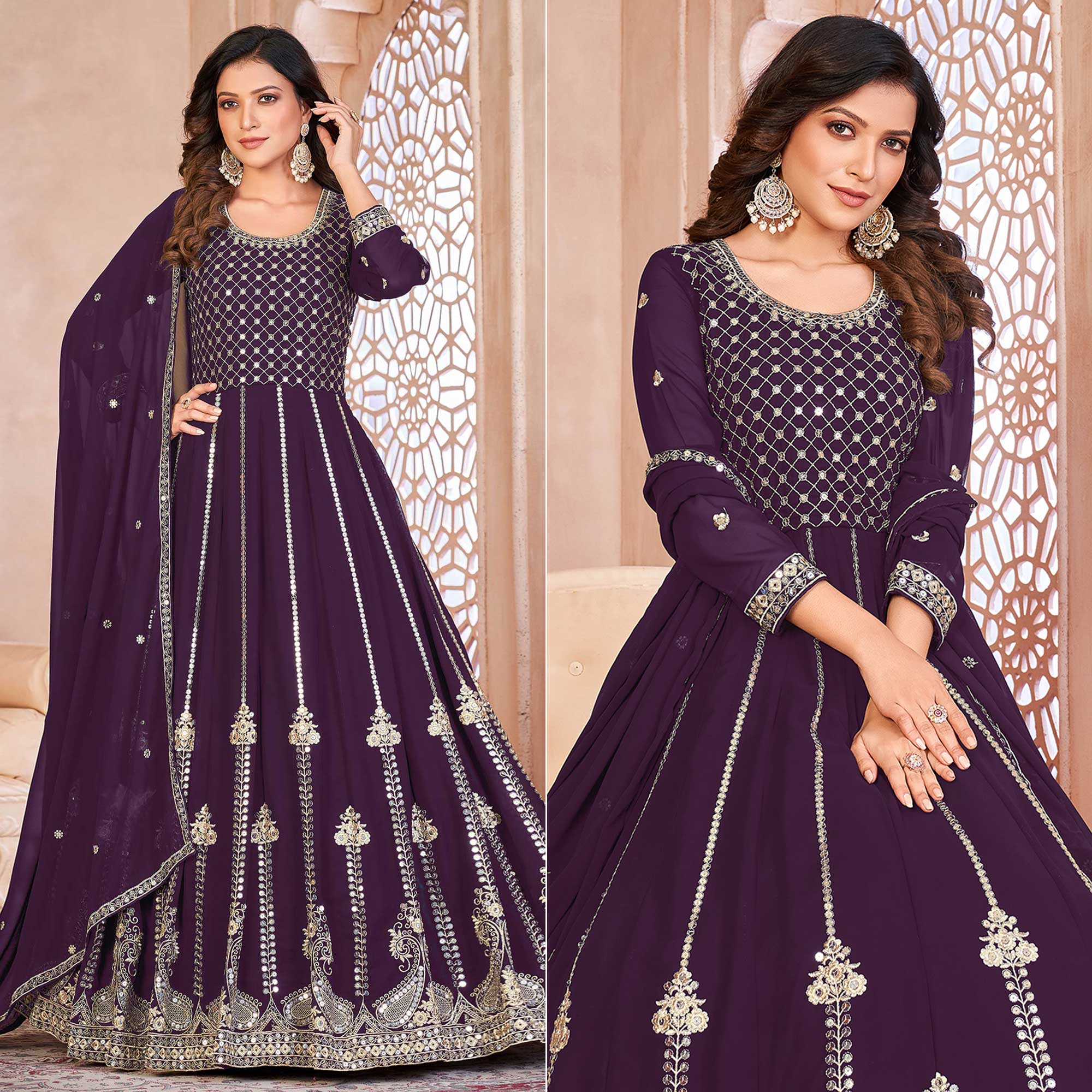 Purple Floral Sequins Embroidered Georgette Semi Stitched Anarkali Suit