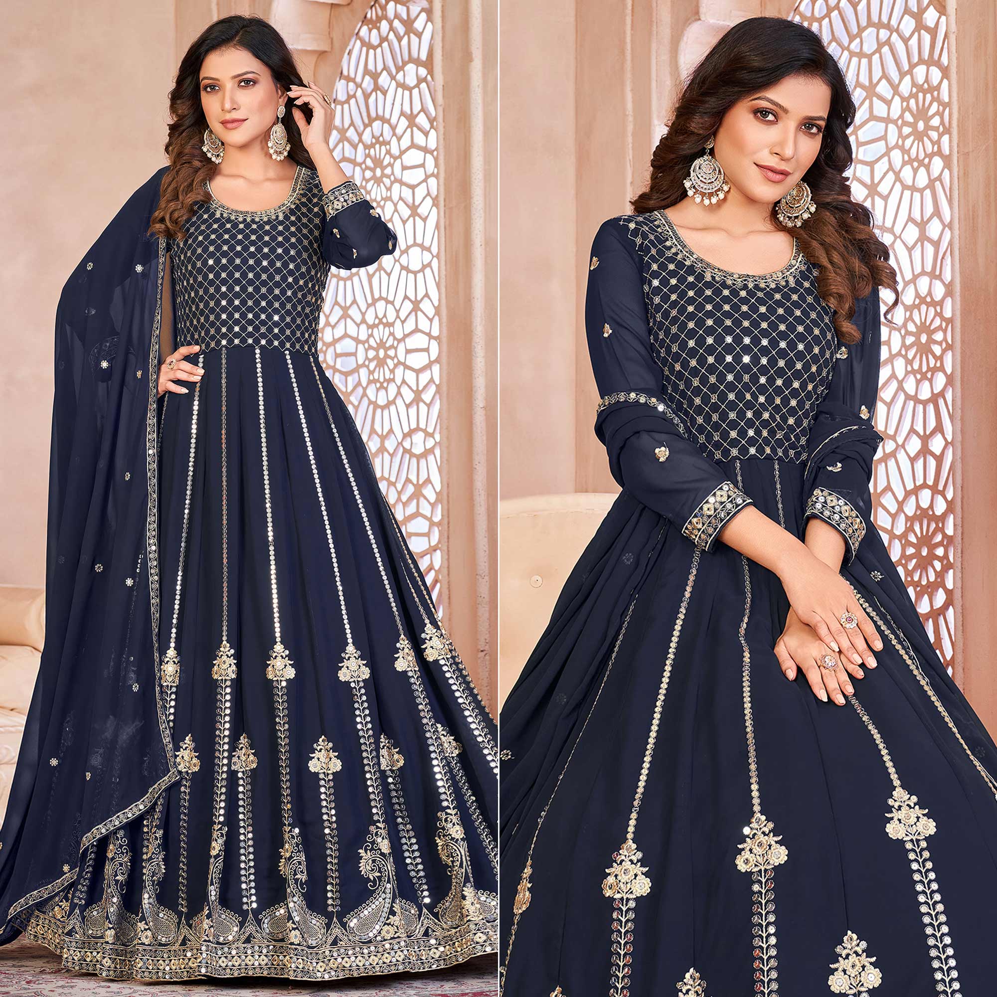 Blue Floral Sequins Embroidered Georgette Semi Stitched Anarkali Suit
