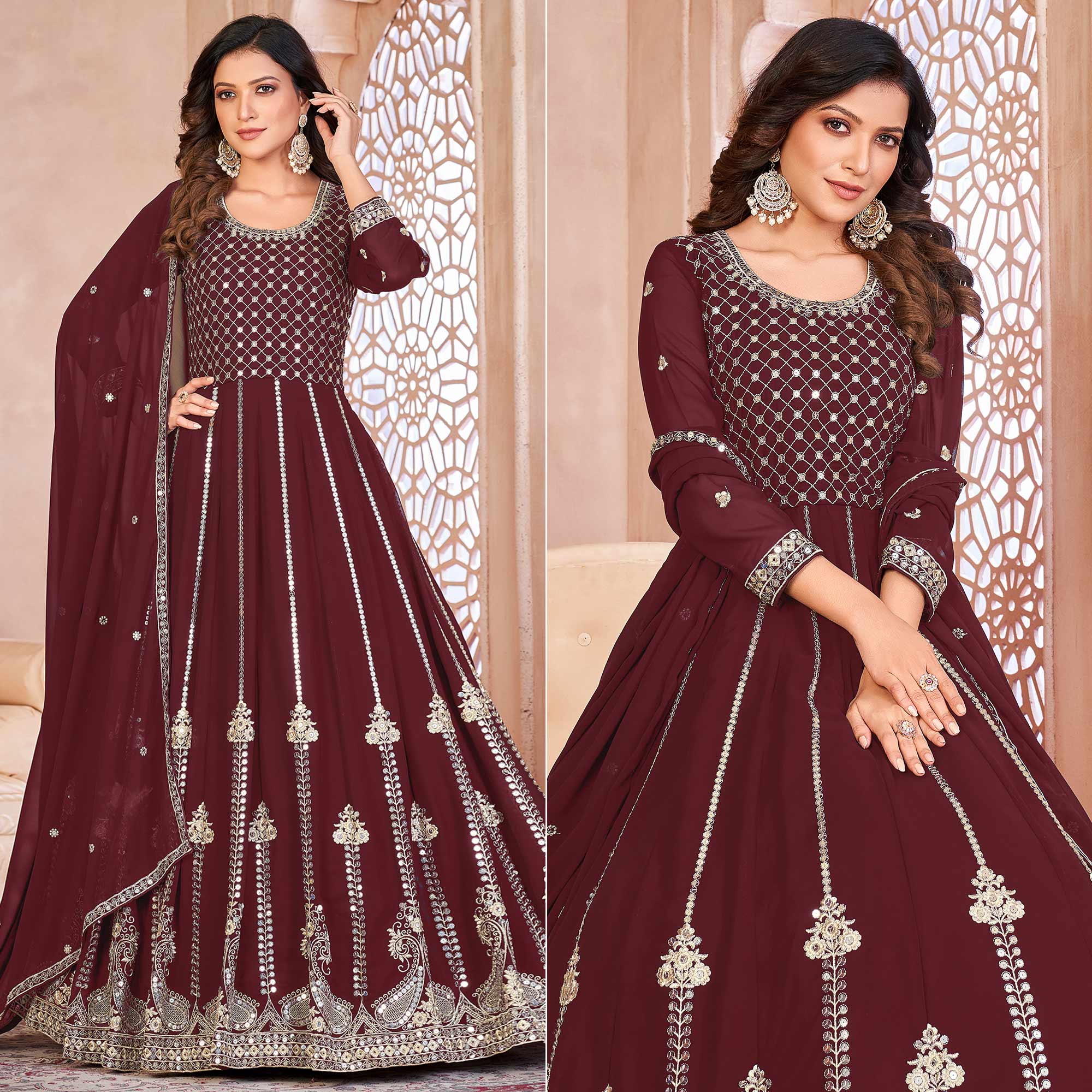 Maroon Floral Sequins Embroidered Georgette Semi Stitched Anarkali Suit