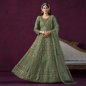 Green Floral Embroidered Net Semi Stitched Anarkali Suit
