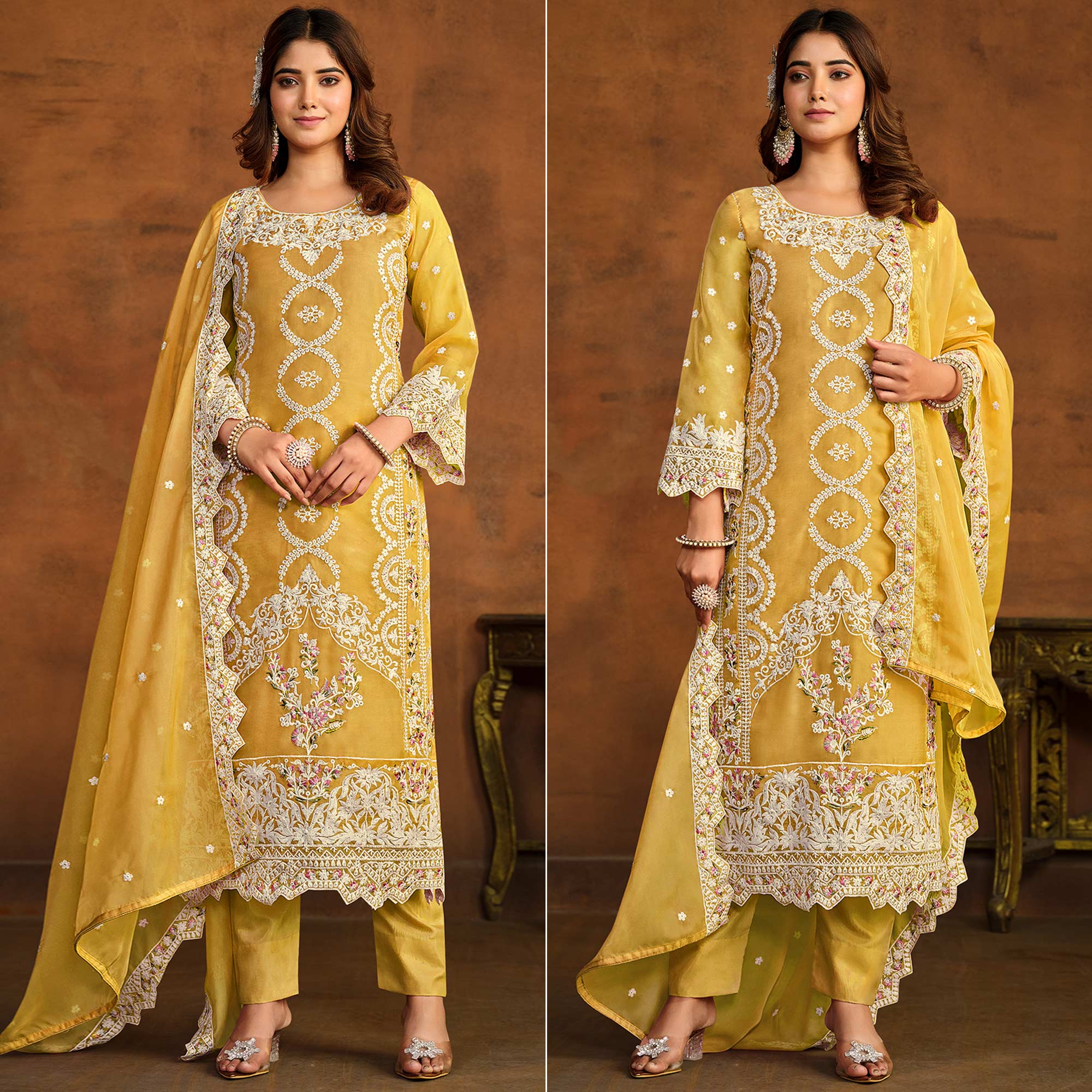 Yellow Floral Embroidered Soft Organza Semi Stithed Suit