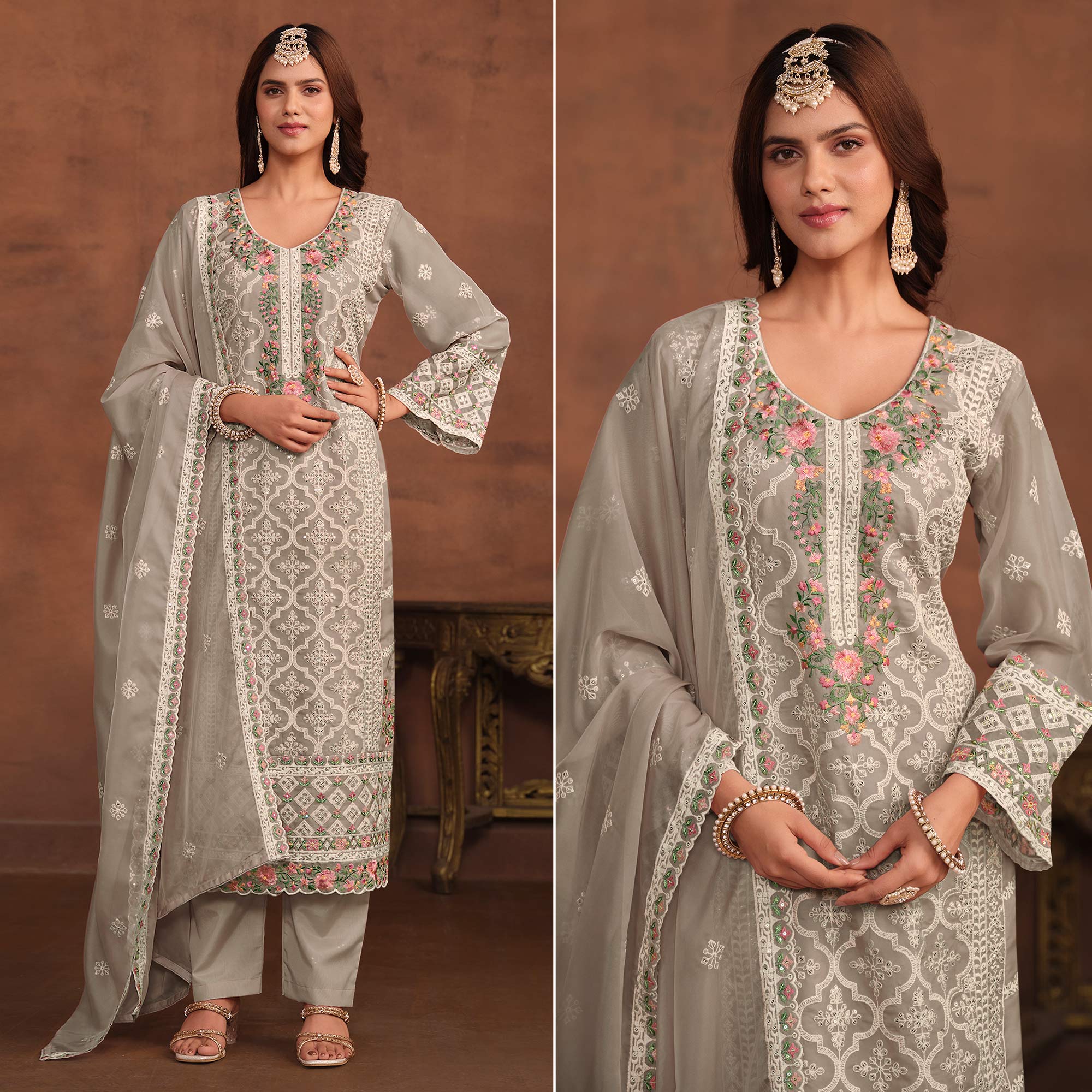 Grey Floral Embroidered Organza Semi Stitched Suit