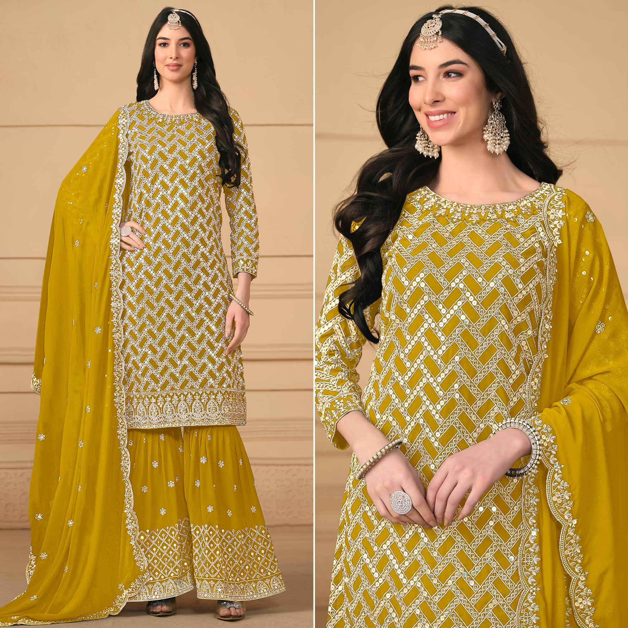 Mustard Sequins Embroidered Georgette Semi Stitched Sharara Suit