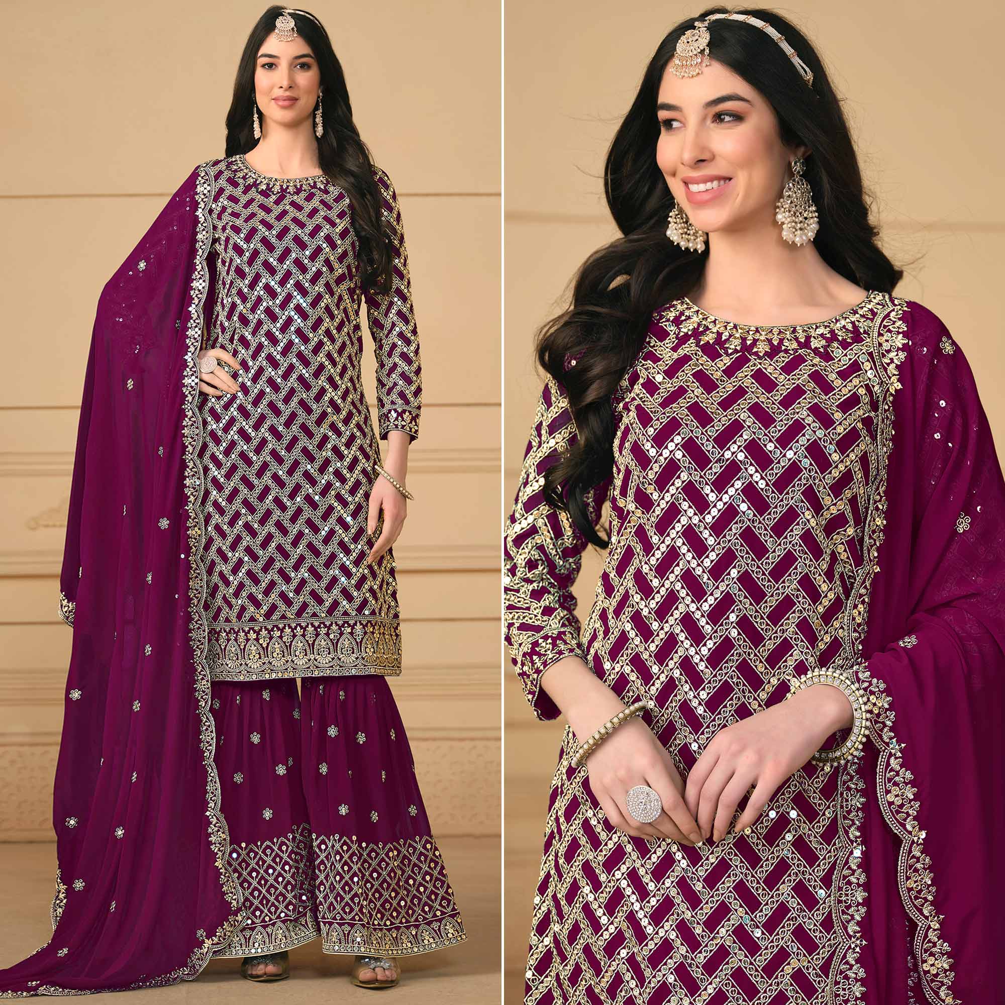 Purple Sequins Embroidered Georgette Semi Stitched Sharara Suit